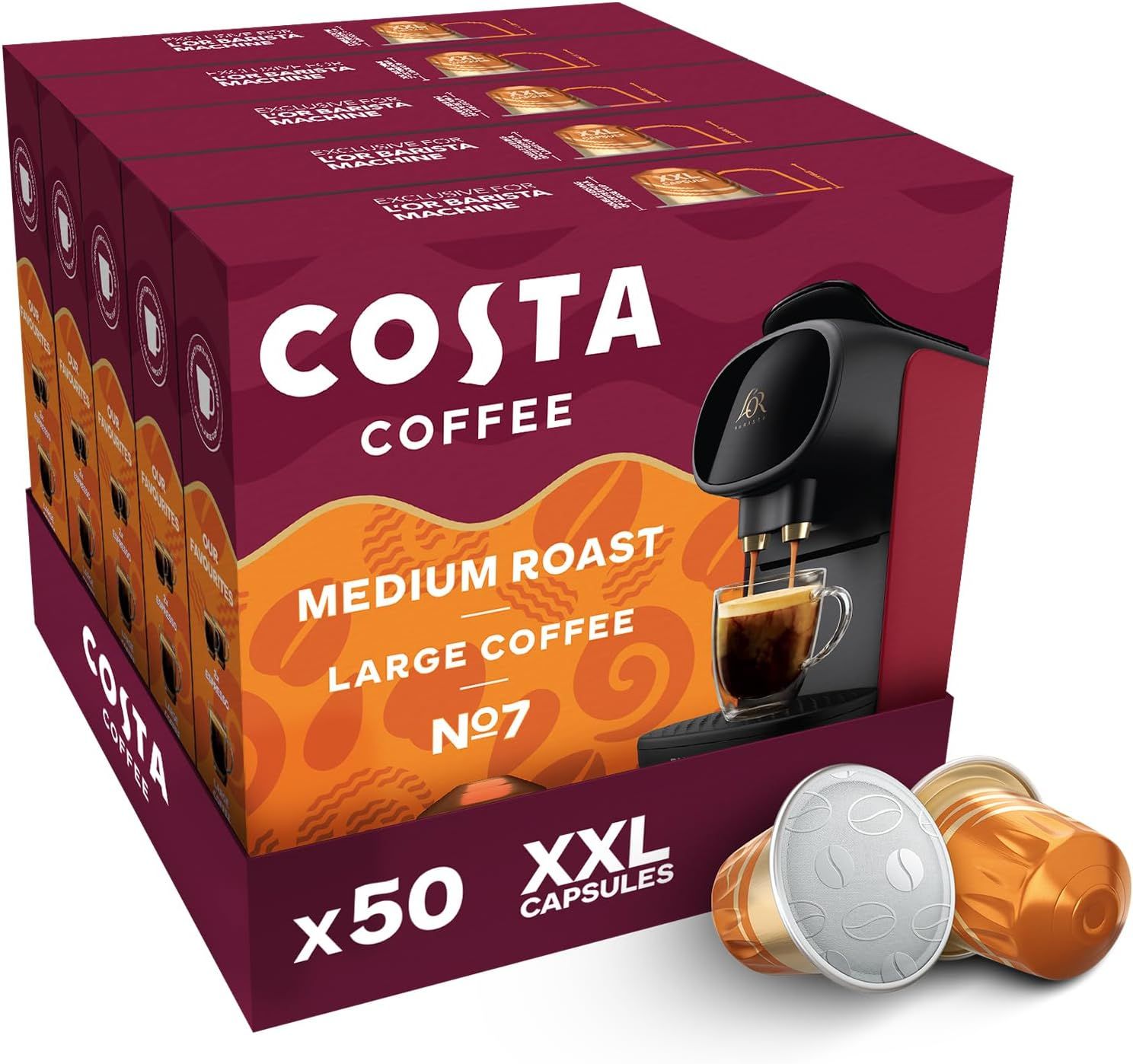 Costa Smooth Medium Roast XXL Coffee Pods (Pack of 5, Total 50 Coffee Capsules)