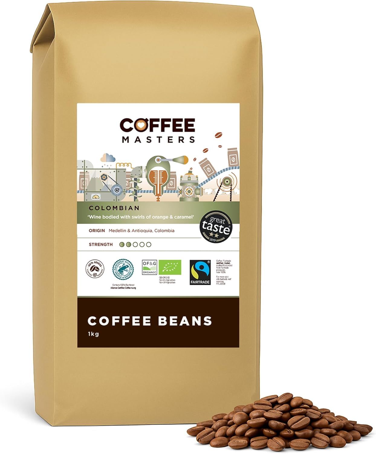 Coffee Masters Colombian Organic Coffee Beans 1kg - Fairtrade, Single Origin, 100% Arabica, Light R…