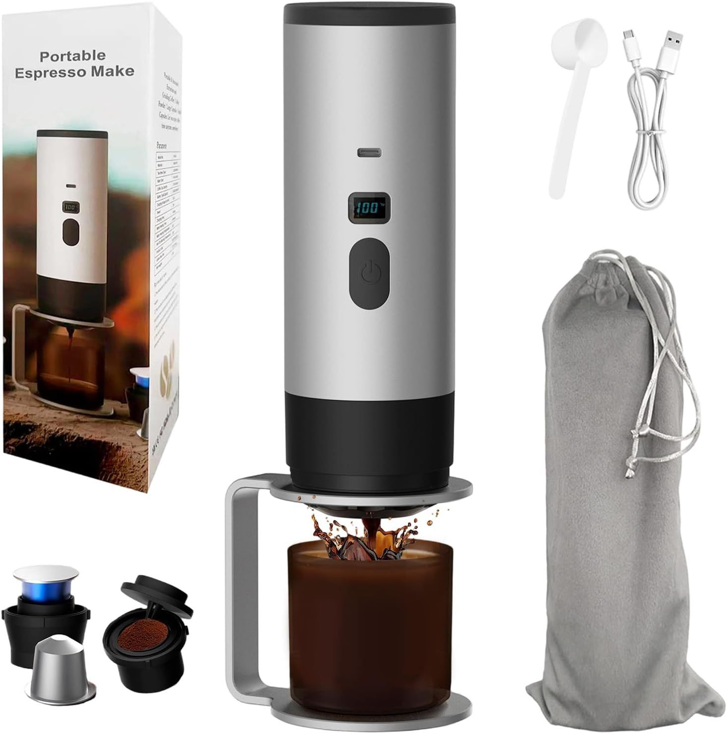 Portable Espresso Machine with Holder, 3 in 1 Travel Coffee Machine Self-Heating Electric Portable …