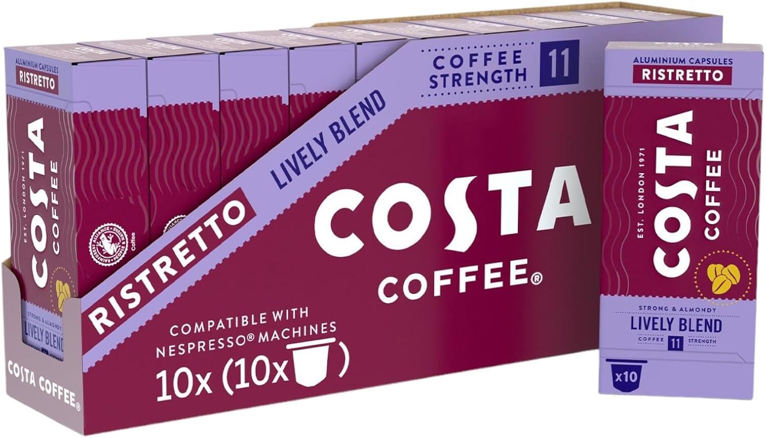 Costa Lively Blend Nespresso Compatible Aluminum Coffee Capsules (Pack of 10, Total 100 Pods)