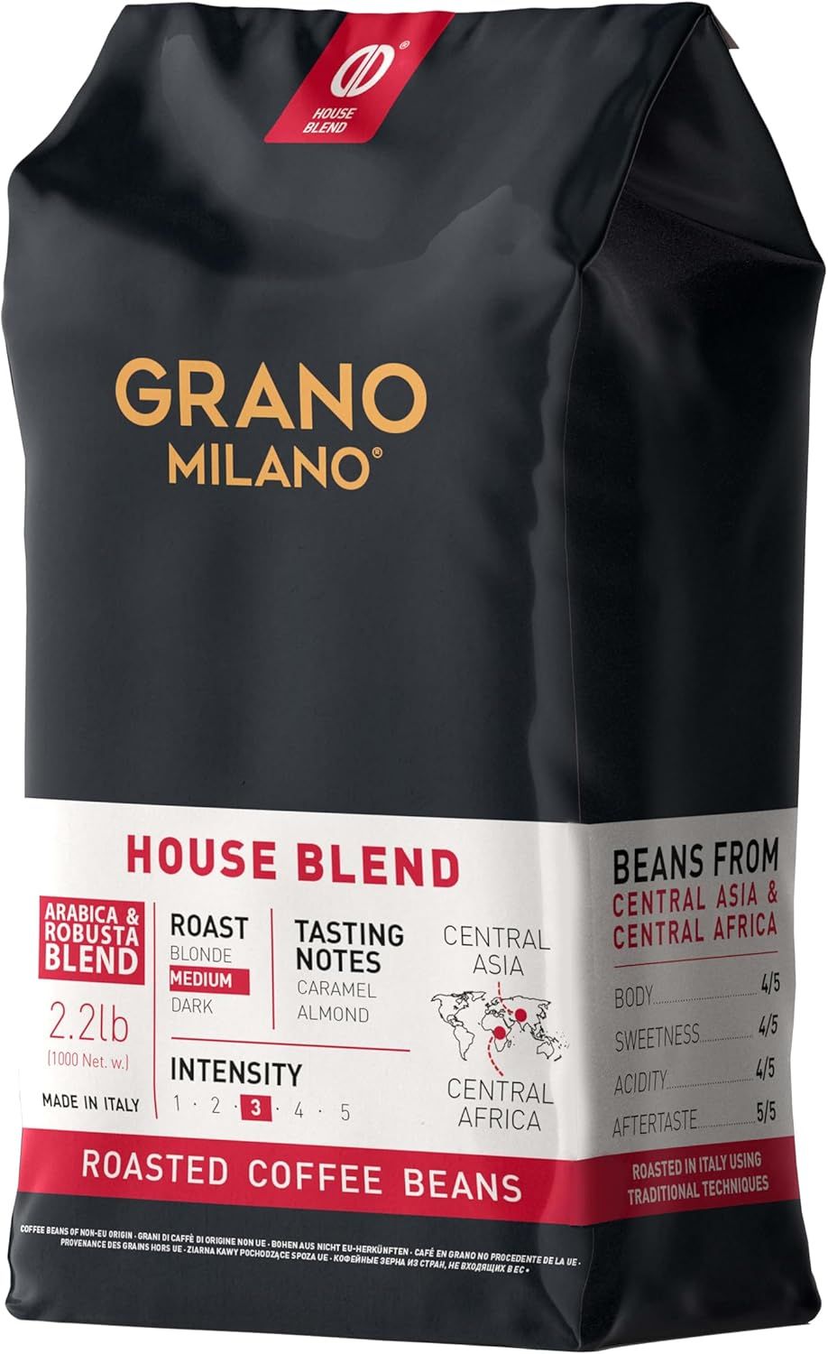Grano Milano Coffee Beans 1kg House Blend Arabica and Robusta, Dark Roast Intensity 3/5 Strong Coff…