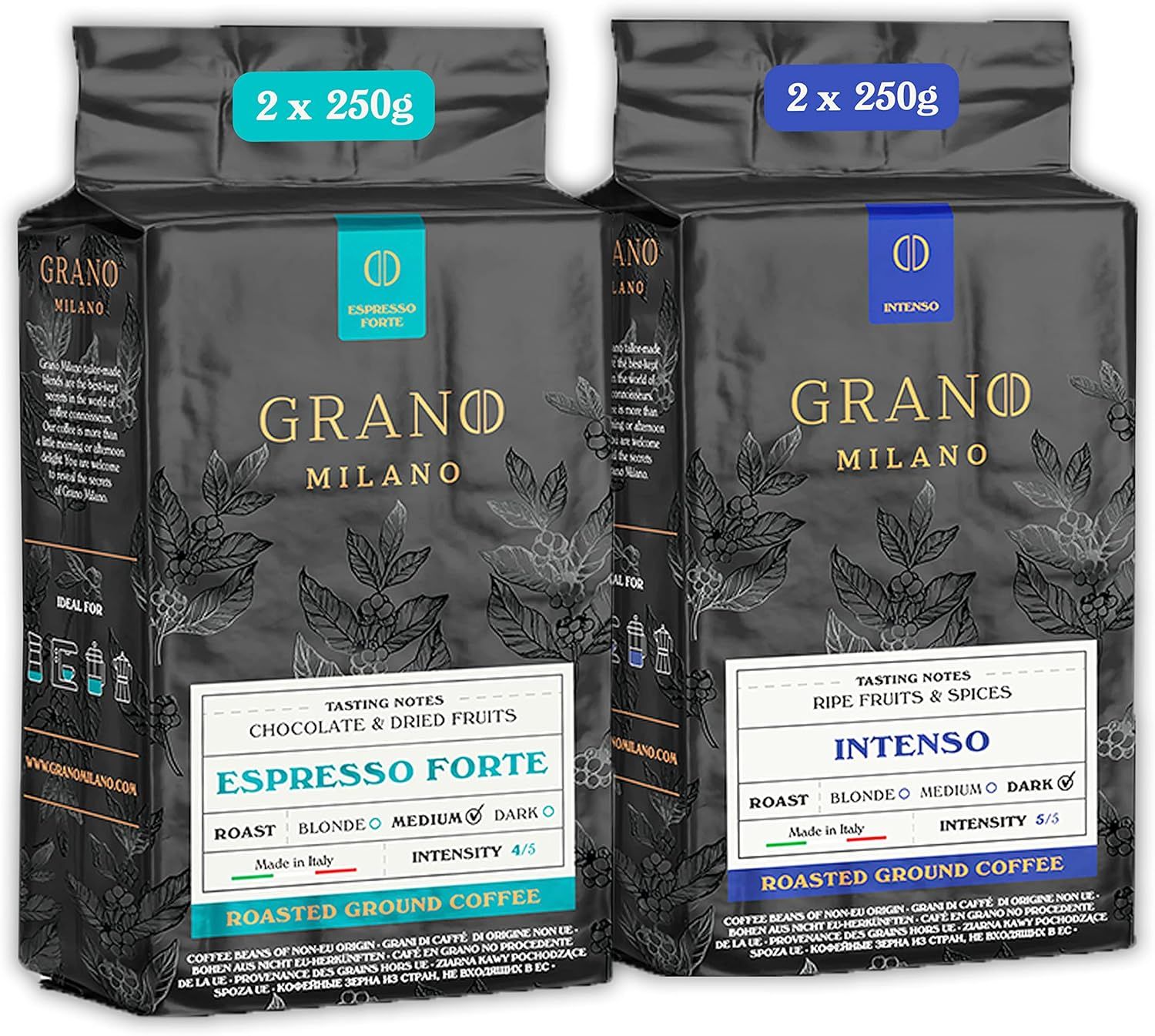 Grano Milano Ground Coffee 1kg, Variety Pack Arabica and Robusta, Medium and Dark Roast Strong Coff…