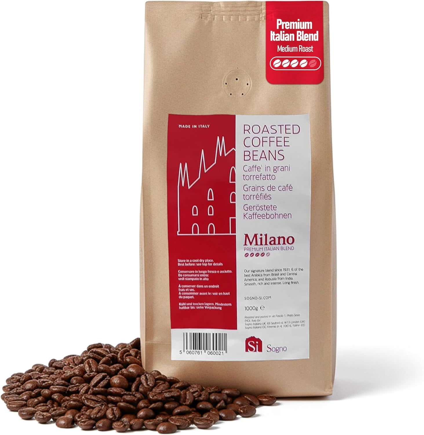 Si Sogno Milano Roasted Whole Beans 1Kg: Premium Italian Coffee Beans Blend, Rich and Smooth; Mediu…