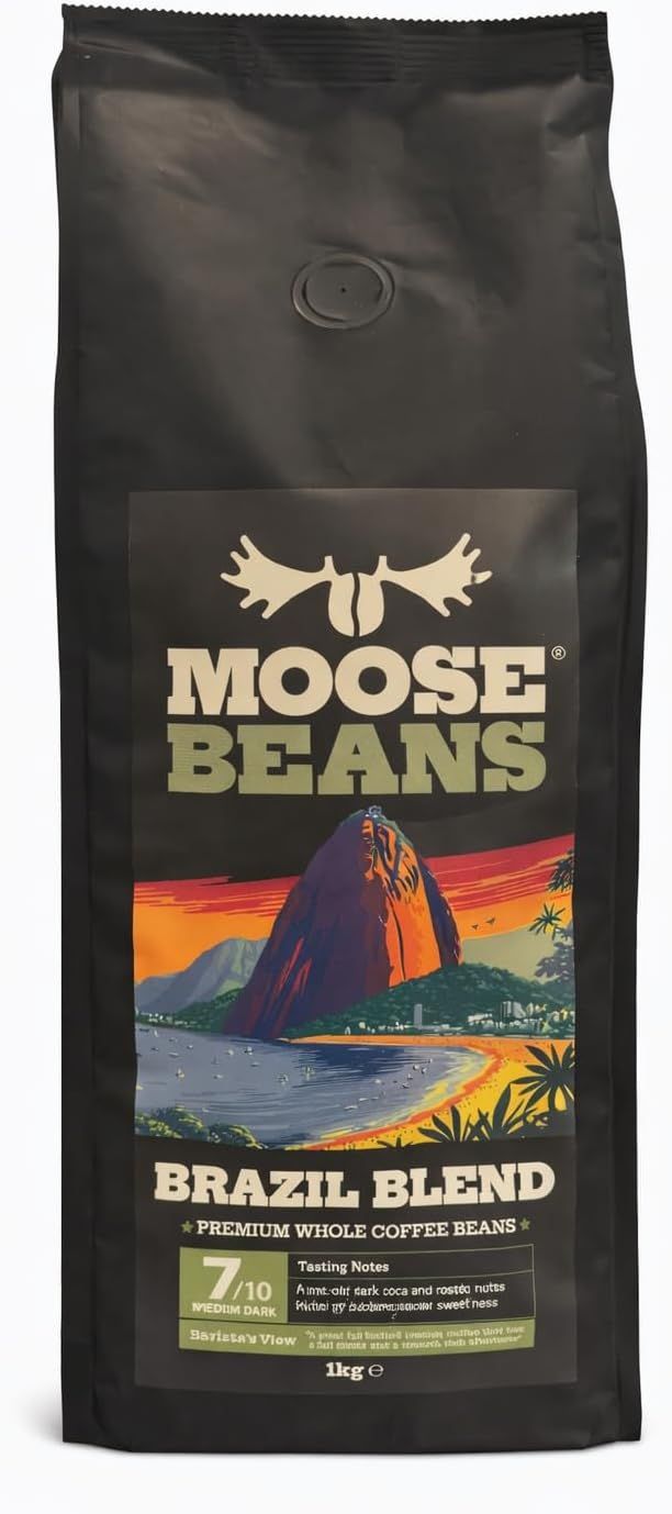 Moose Beans Brazil Blend Premium Whole Coffee Beans, Medium Dark Roast 7/10 Strength, Notes of Velv…
