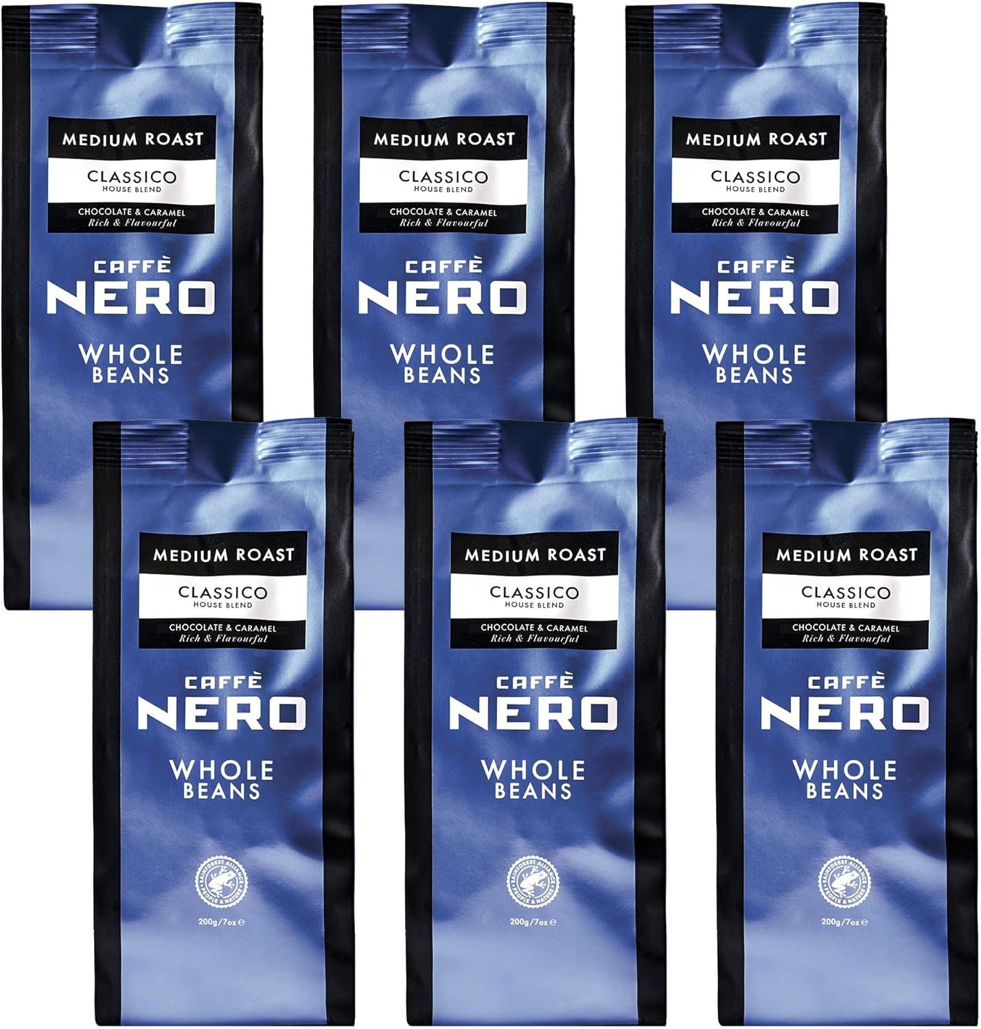Caffè Nero - Classico Whole Roasted Coffee Beans (6 x 200g Bulk Pack, Classico Beans)