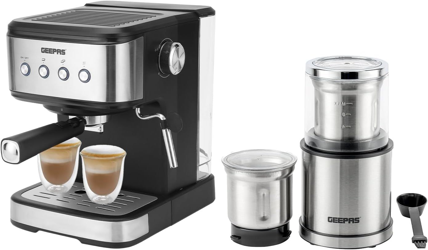 GEEPAS 1100W Espresso &amp; Cappuccino Coffee Machine &amp; 200W Coffee Grinder Combo Set | Milk Frother, 1…