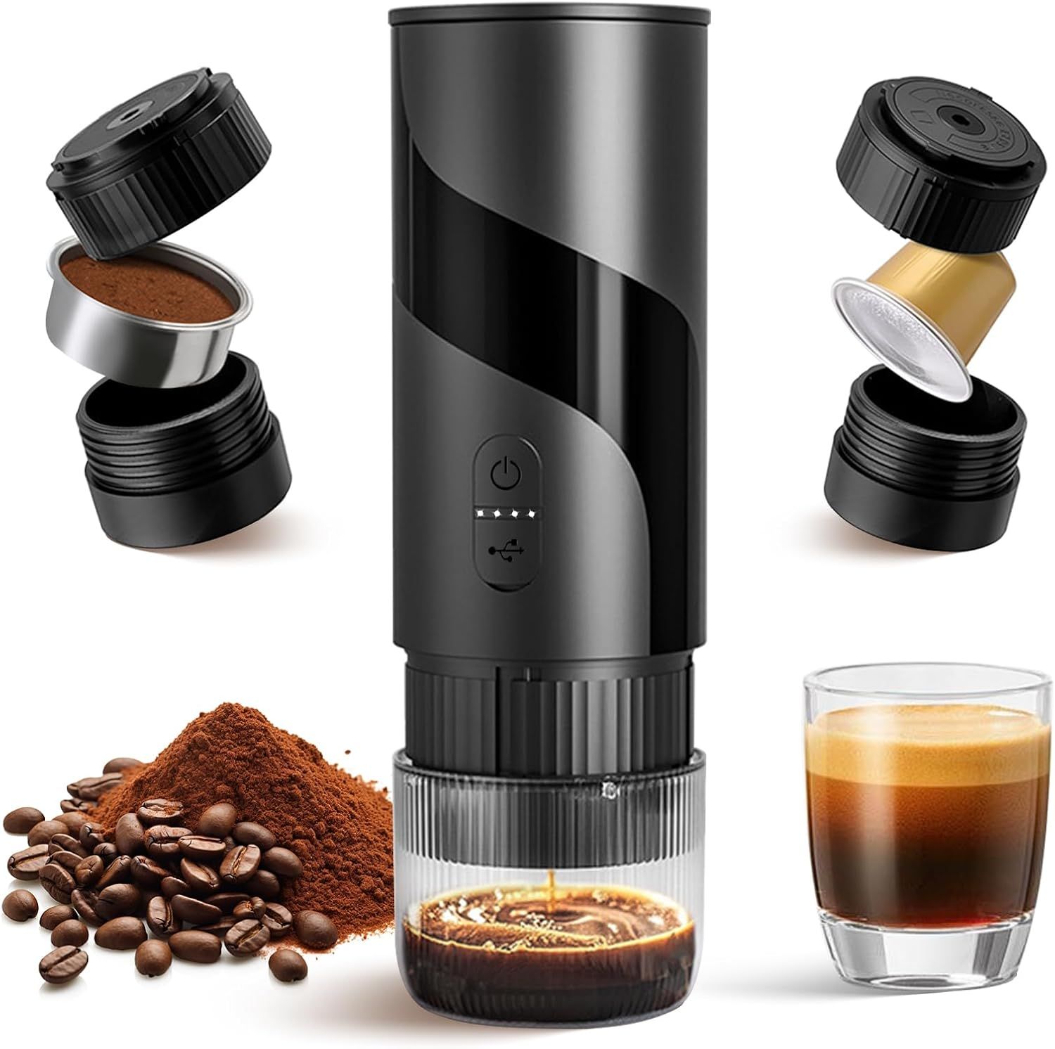 2 in 1 Portable Electric Coffee Maker None Self-heating, 20-Bar Portable Espresso Maker Rechargable…