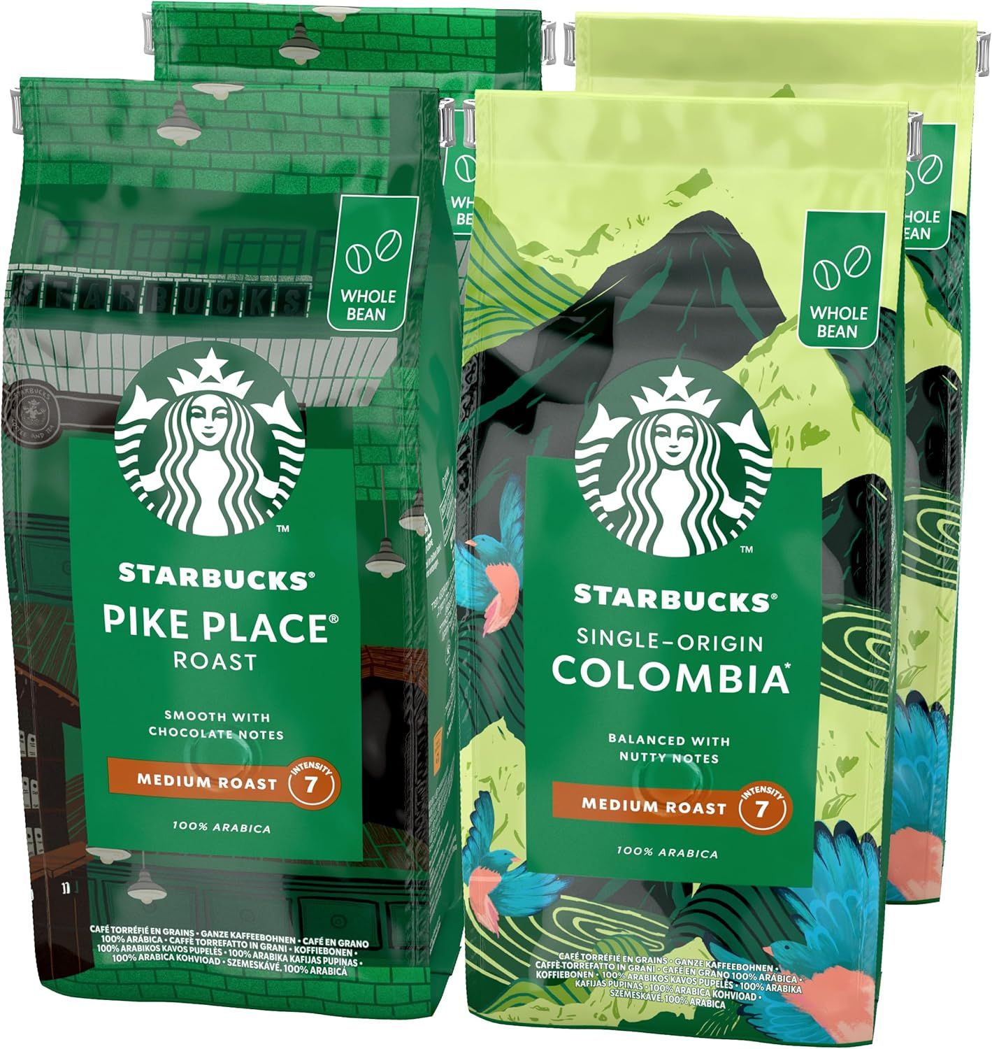 STARBUCKS Pike Place Roast, Single-Origin Colombia Whole Bean Coffee 450g (Pack of 4)