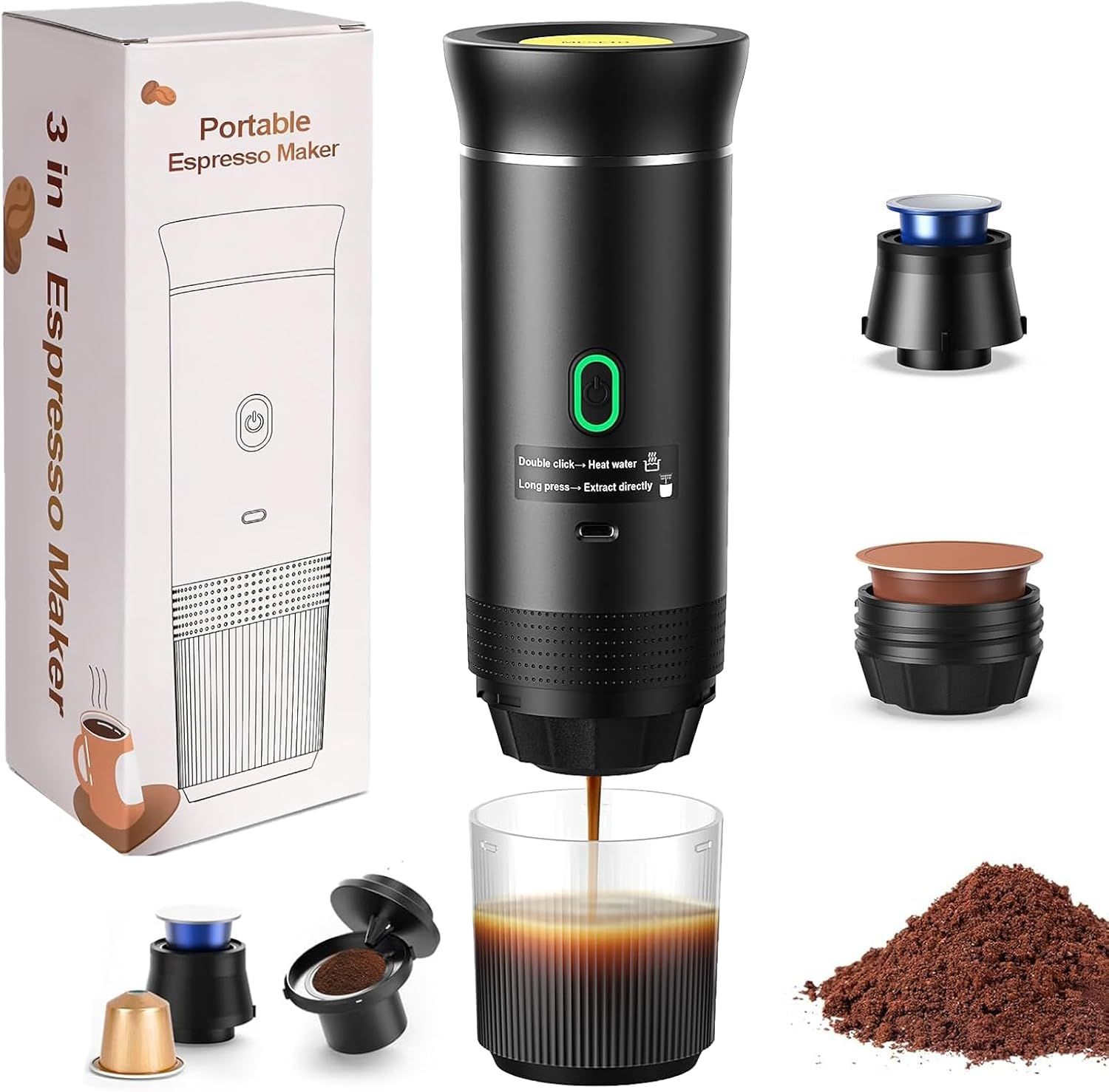 Travel Espresso Machine, 3-in-1 Portable Coffee Maker Self-Heating, 20 Bar, USB-C Rechargeable, Com…