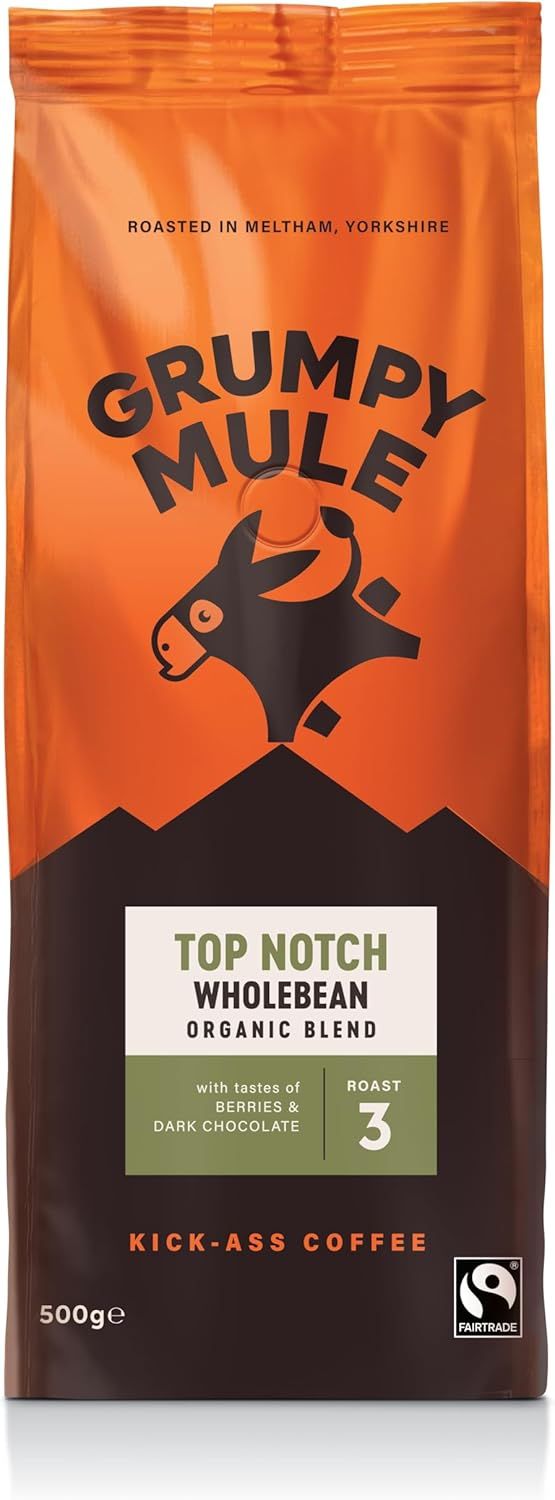 Grumpy Mule Top Notch Organic Blend Whole Coffee Beans with notes of Berries and Dark Chocolate 500g