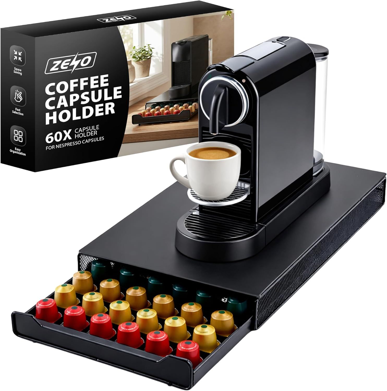 ZENO Coffee Capsule Pod Holder with Sliding Draw For Nespresso Coffee Machine Stand &amp; 60 Capsule Po…