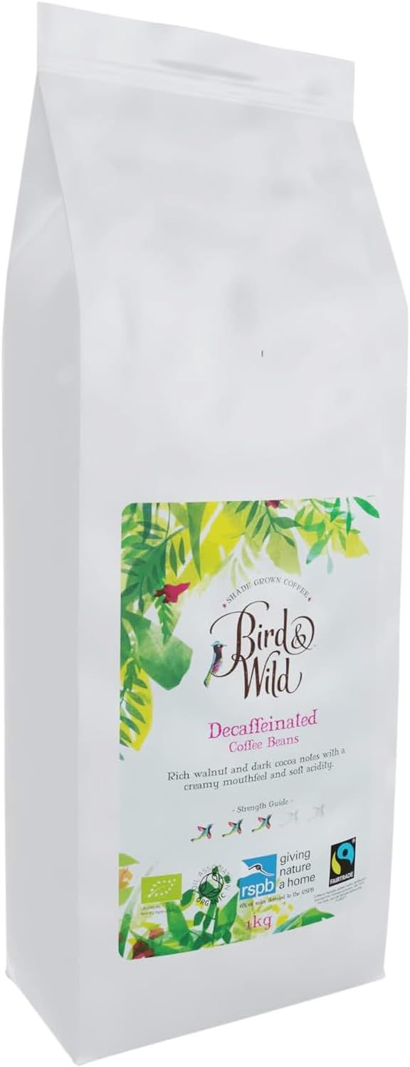 Bird &amp; Wild Fairtrade Organic Decaf Coffee Beans 1kg - Swiss Water Decaffeinated Process - All Mach…