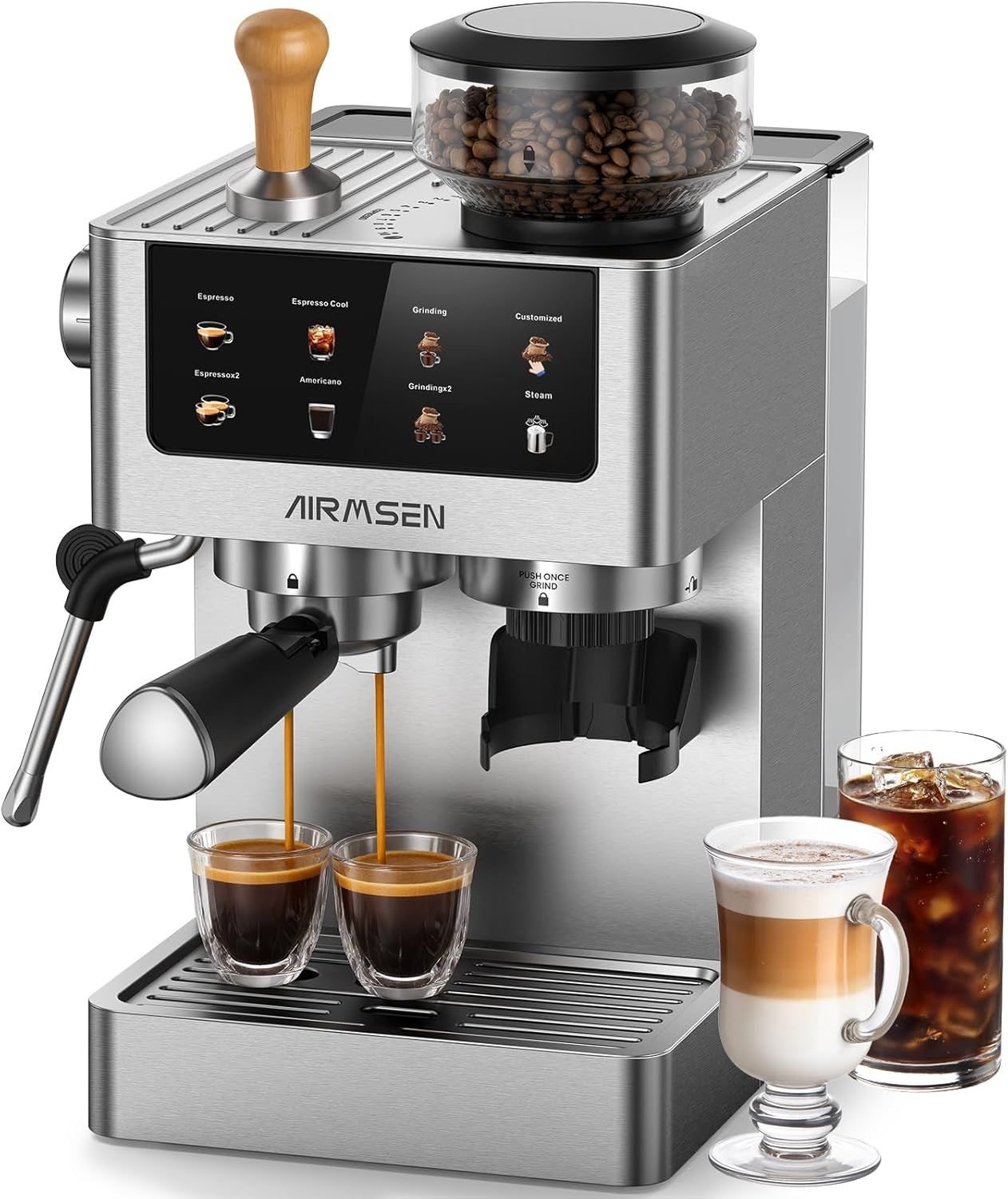 AIRMSEN Bean to Cup Coffee Machine - 20 Bar Espresso Machine with Grinder &amp; Milk Frother, 10 Grindi…