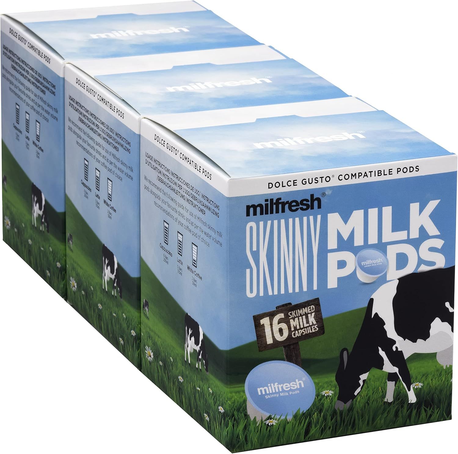 Milfresh Skinny Milk Pods - Dolce Gusto Compatible 3 Boxes x 16 Pods (48 Skimmed Servings Total)