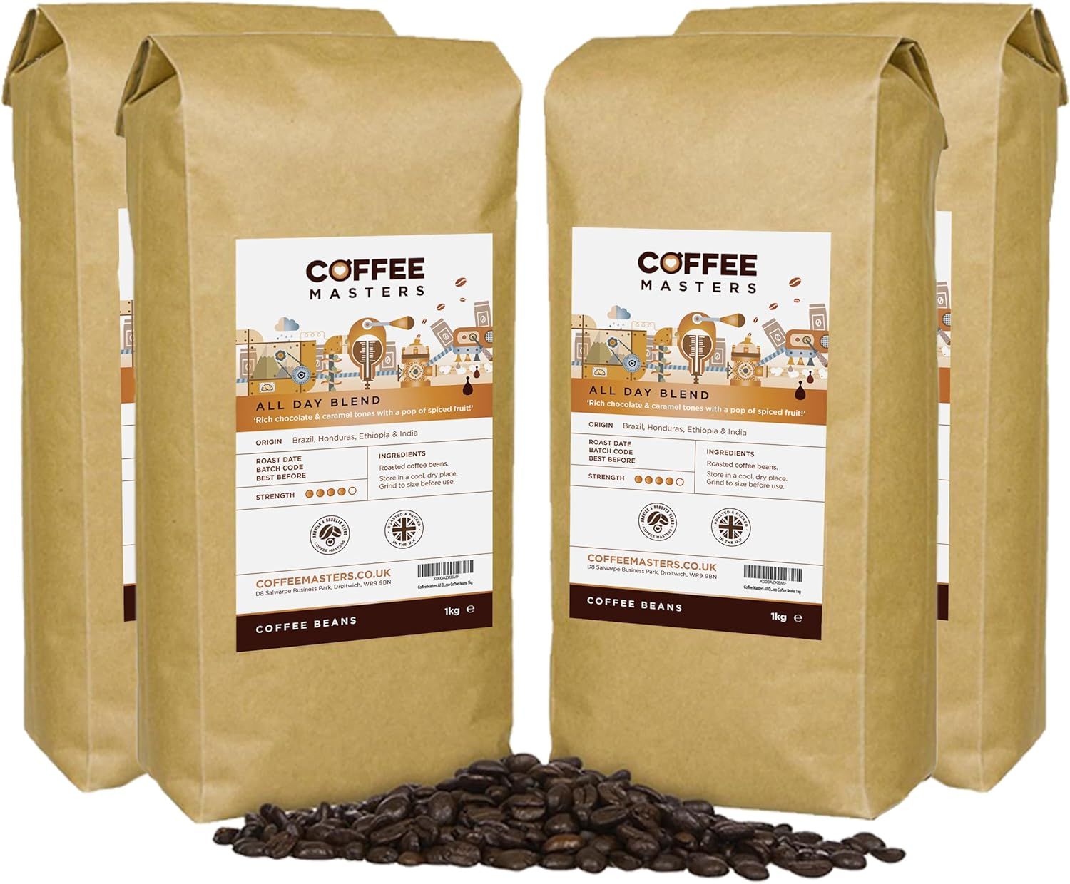 Coffee Masters All Day Blend Espresso Coffee Beans 4x1kg - Medium Roast for Strong and Full Bodied …