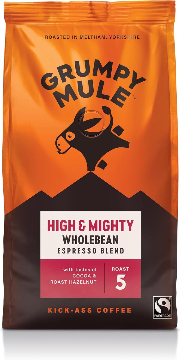 Grumpy Mule High and Mighty Espresso Blend Whole Coffee Beans with notes of Cocoa and Roast Hazelnu…