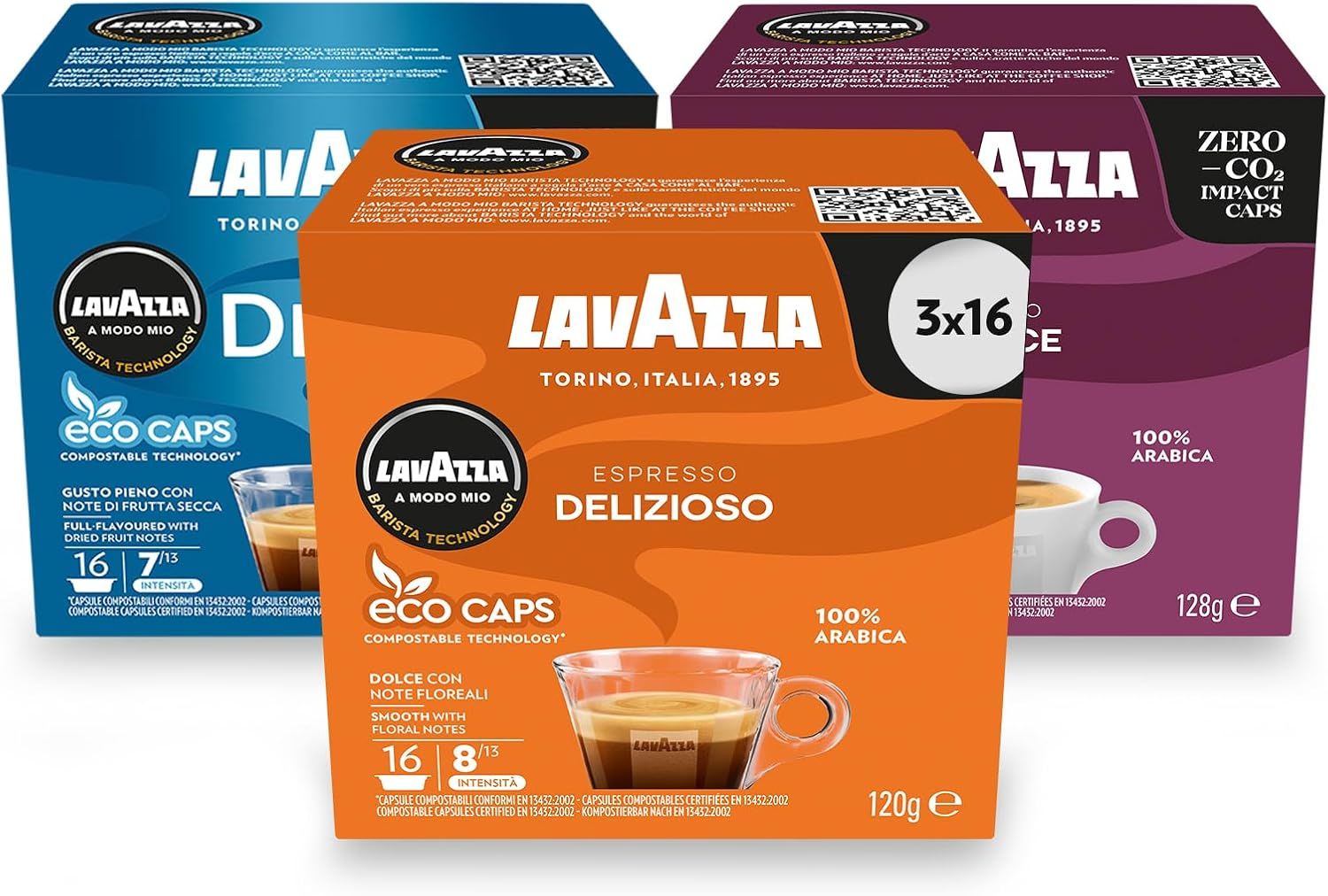 Lavazza, Medium Roast Trio, A Modo Mio, Coffee Capsules, Compostable, 3 packs of 16 Coffee Pods (48…
