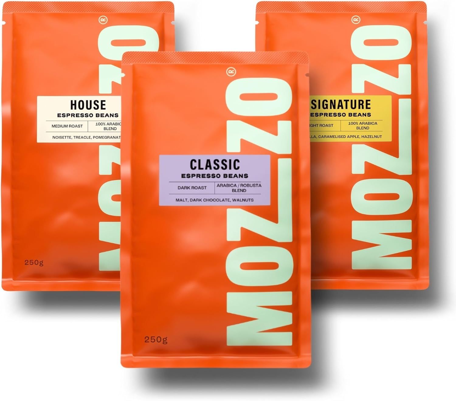 Mozzo Coffee Beans Starter Pack | Espresso Blend Whole Beans | Medium Roast Selection 3 x 250g Bags…