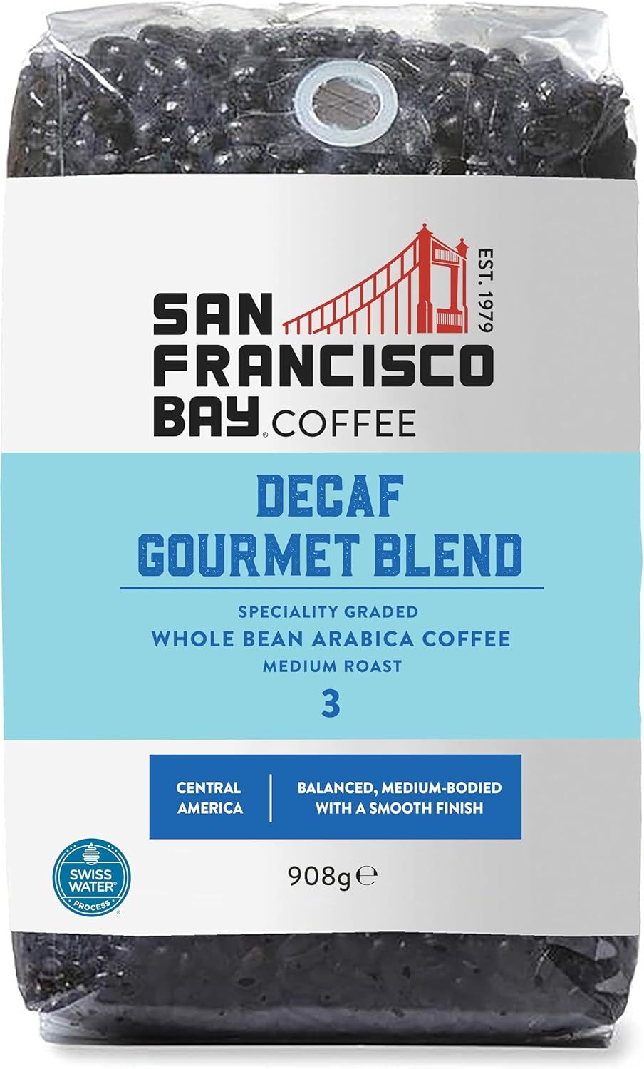 San Francisco Bay Decaf Gourmet Blend Whole Bean Coffee, 908g – Medium Roast 100% Arabica – Swiss W…