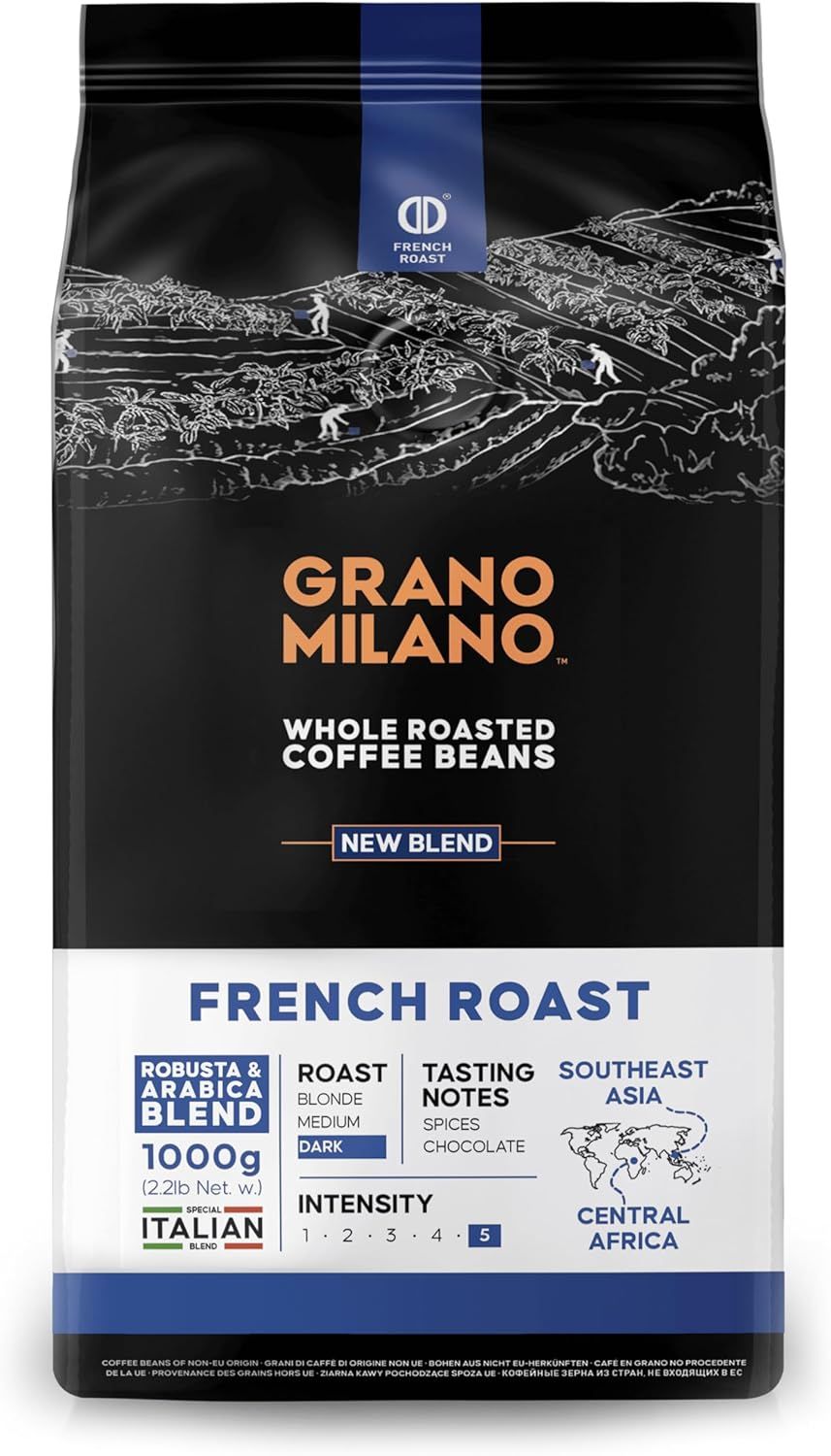 Grano Milano French Roast Robusta &amp; Arabica Coffee Beans 1kg – Extra Strong Dark Roast Espresso, In…