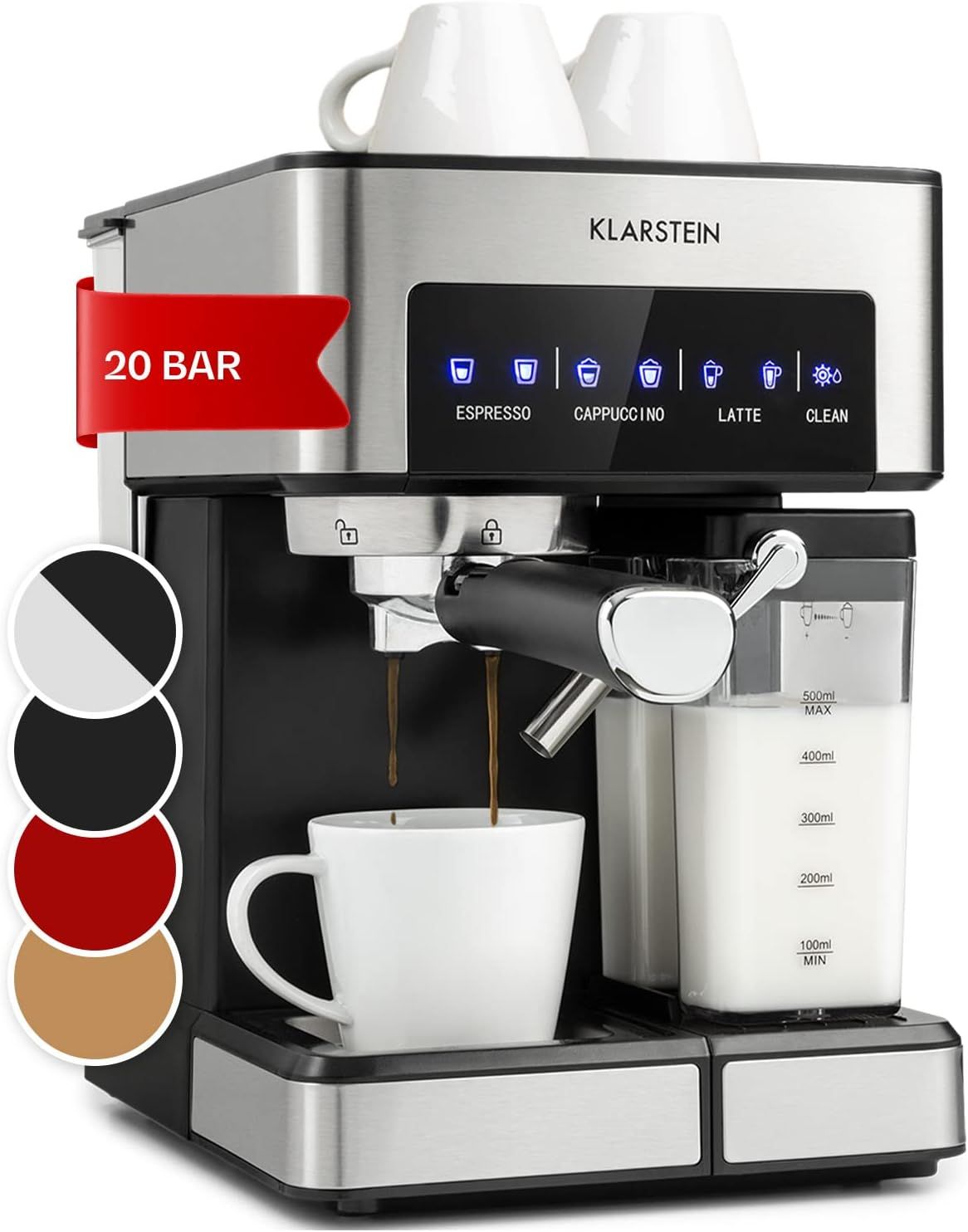 KLARSTEIN Espresso Coffee Machine, 1.8L 20-Bar 1350W Maker with Milk Frother &amp; Touch Display, Stain…