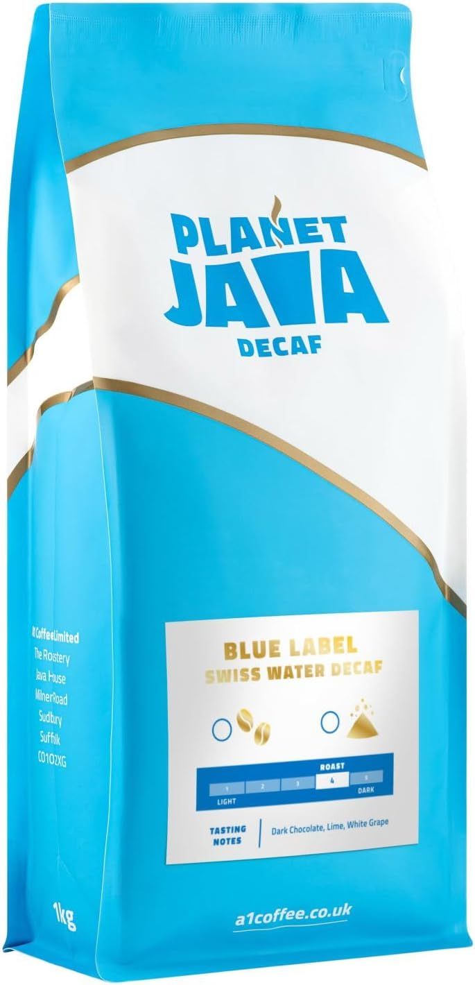 Planet Java Blue Label Swiss Water Decaf Coffee Beans (1 x 1kg Bag) - Award Winning Full Medium Roa…