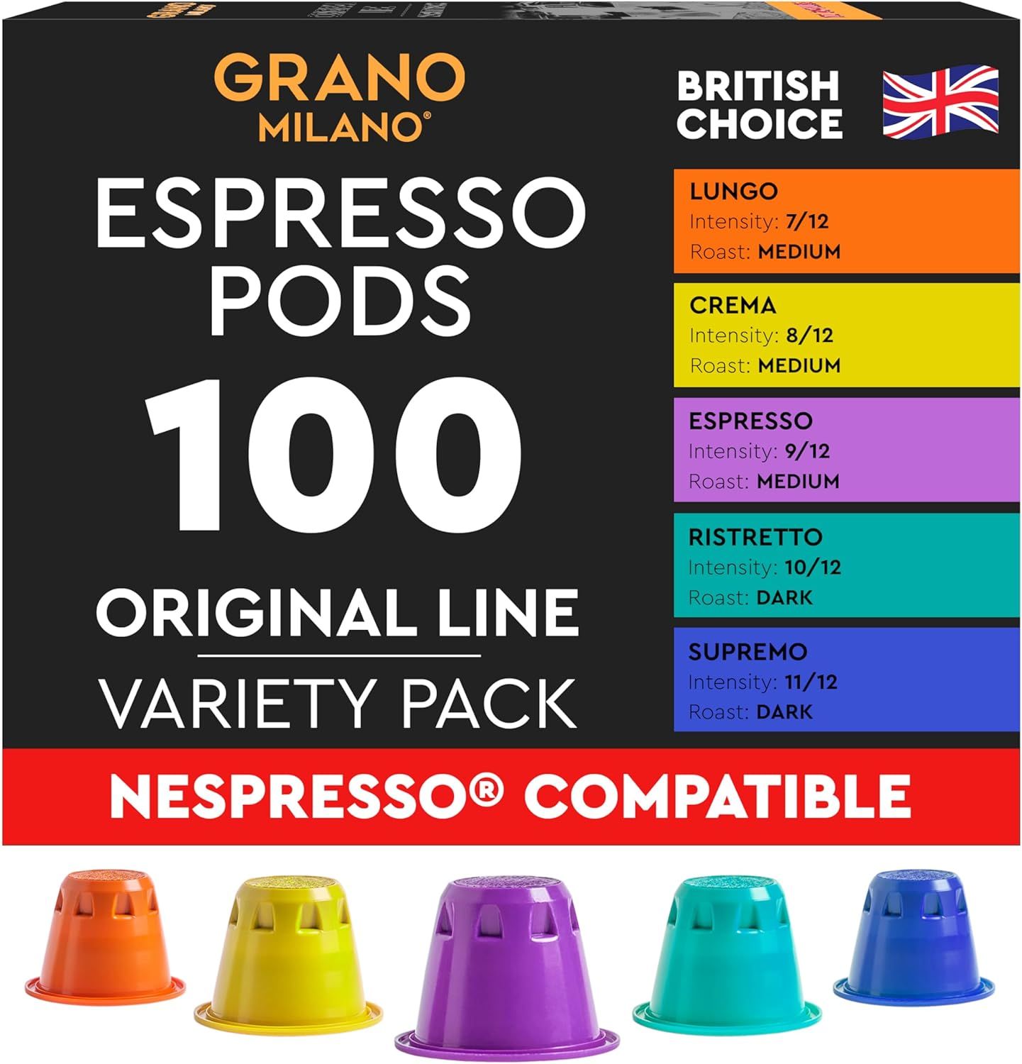 Grano Milano Variety Pack Coffee Capsules - 100 Pods Compatible with Nespresso Original line, Mediu…