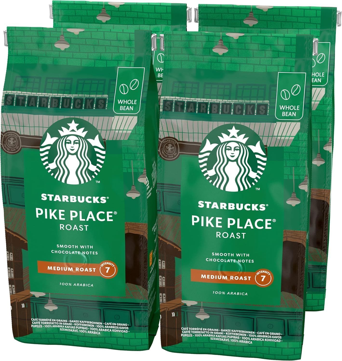 STARBUCKS Pike Place Roast, Medium Roast, Whole Bean Coffee 450g (Pack of 4)