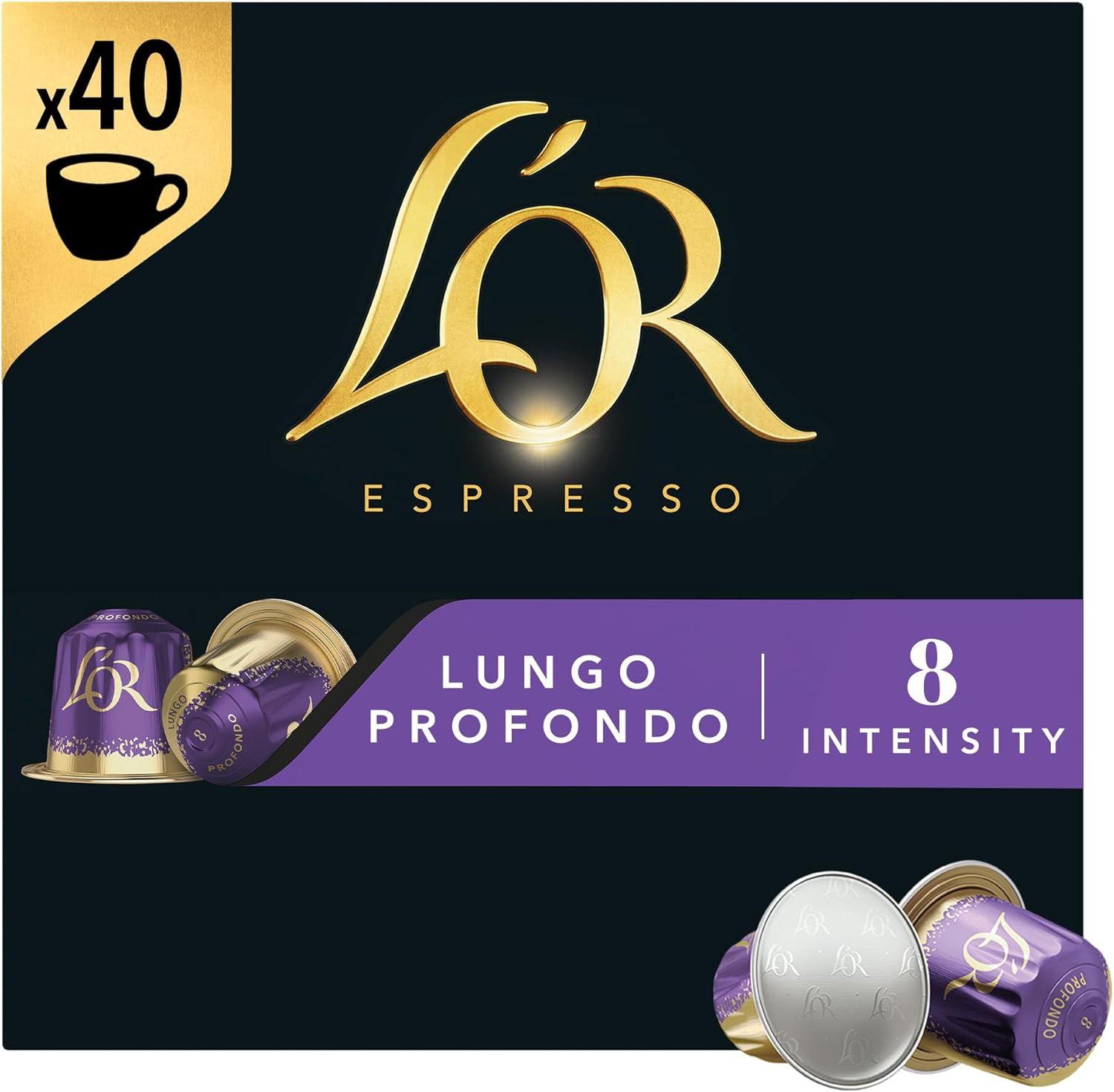 L'OR Espresso Lungo Profondo Coffee Pods x40 Intensity 8 (Pack of 1, Total 40 Capsules)
