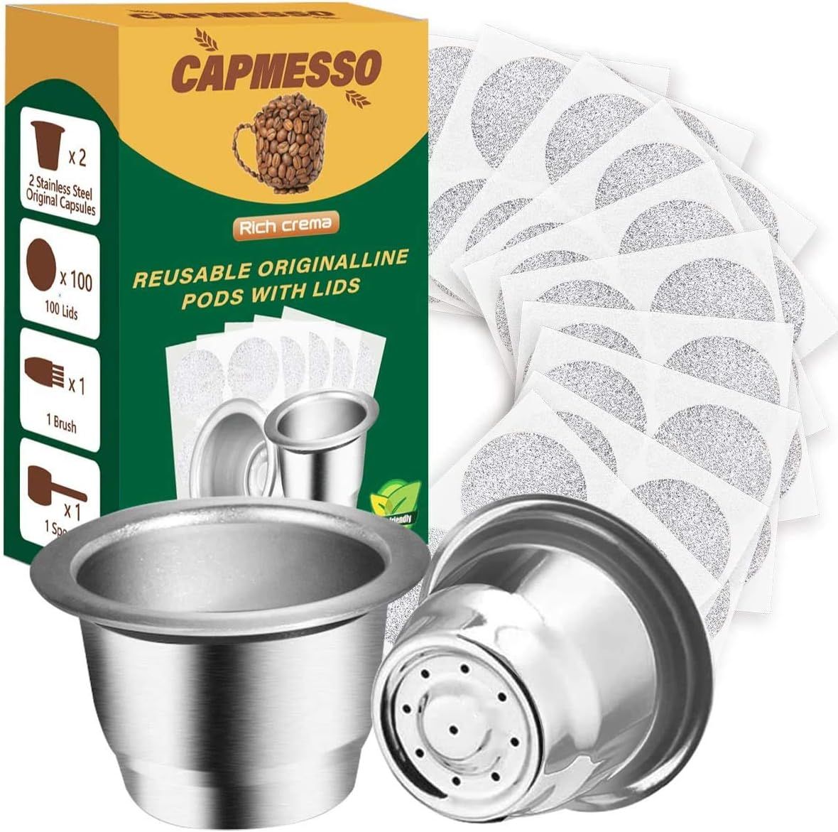 CAPMESSO Reusable Espresso Capsules Refillable Coffee Pod Stainless Steel Cups Compatible with Nesp…