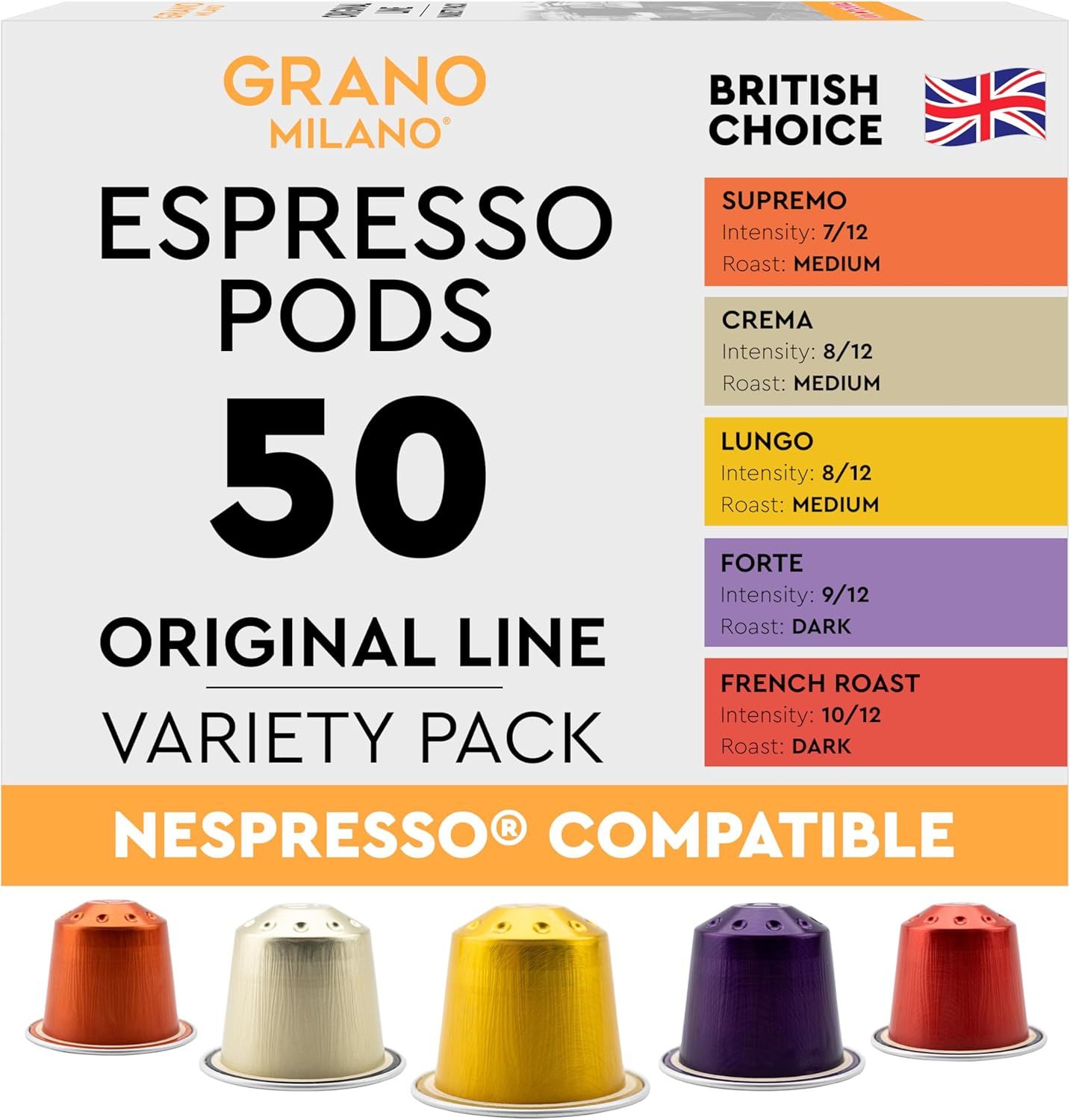 New Grano Milano Variety Pack Coffee Capsules - 50 Aluminium Coffee Pods Compatible with Nespresso …