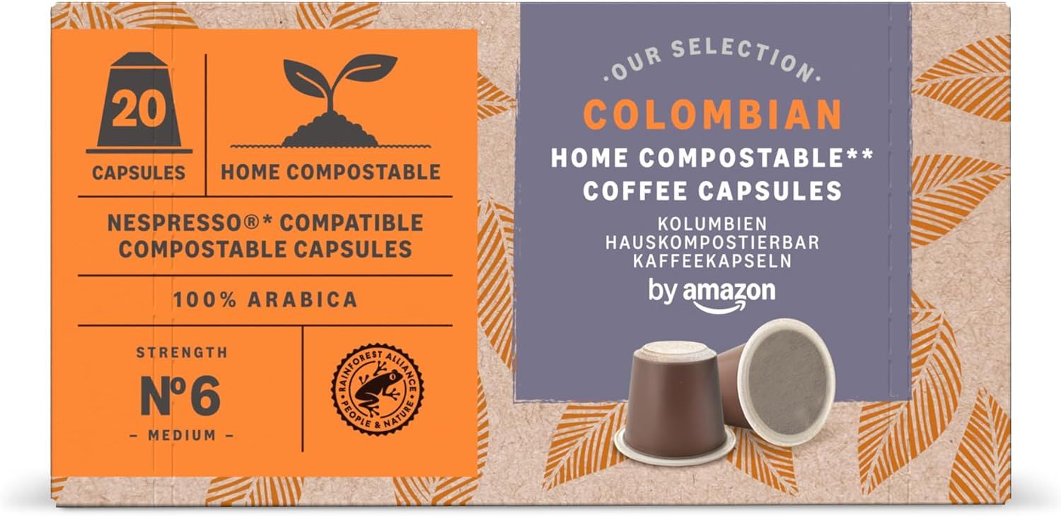 by Amazon Home Compostable Coffee Capsules Compatible with Nespresso, 100% Colombian Arabica, Light…
