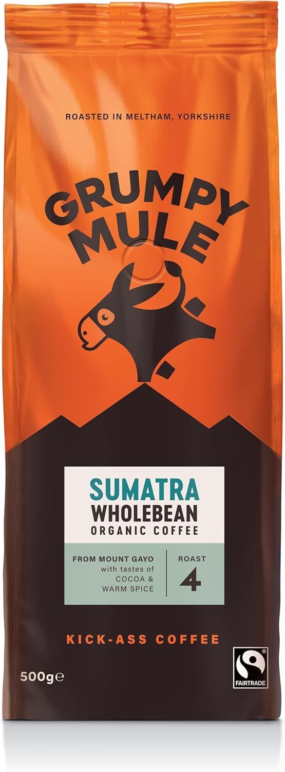 Grumpy Mule Sumatra Mount Gayo Organic (Whole Coffee Beans) with notes of Cocoa and Warm Spice 500g