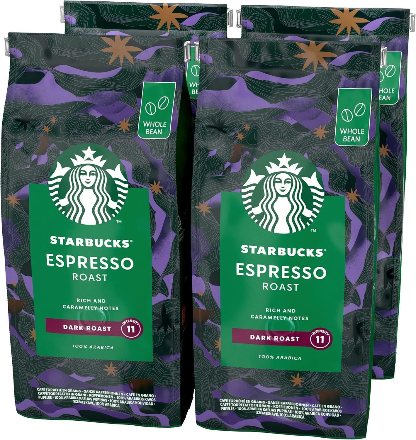 STARBUCKS Espresso Roast, Dark Roast, Whole Bean Coffee 450g (Pack of 4)