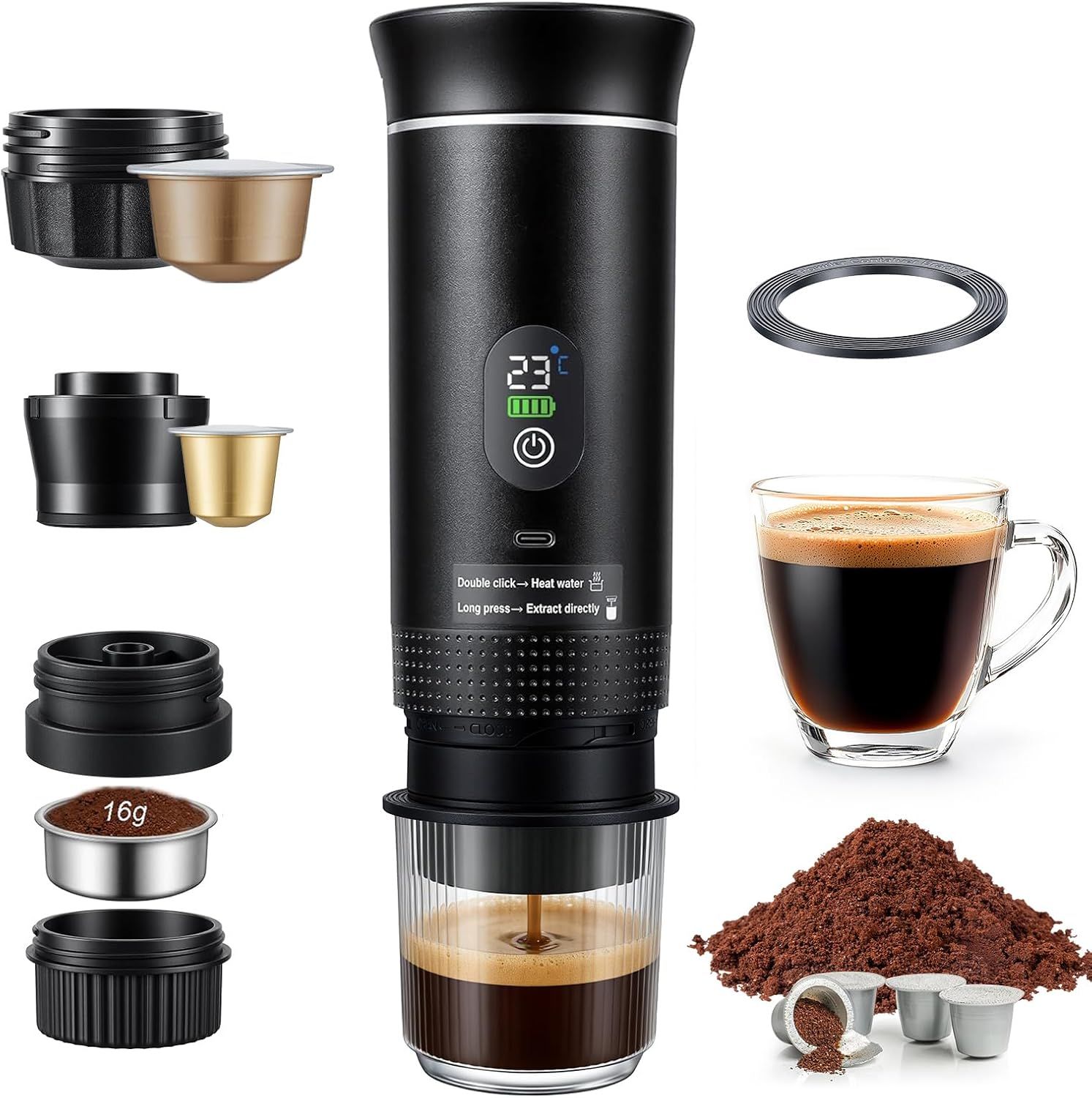 Portable Coffee Maker, 3 In 1 Electric Travel Espresso Machine 20 Bar,Compatible with Small/Large C…