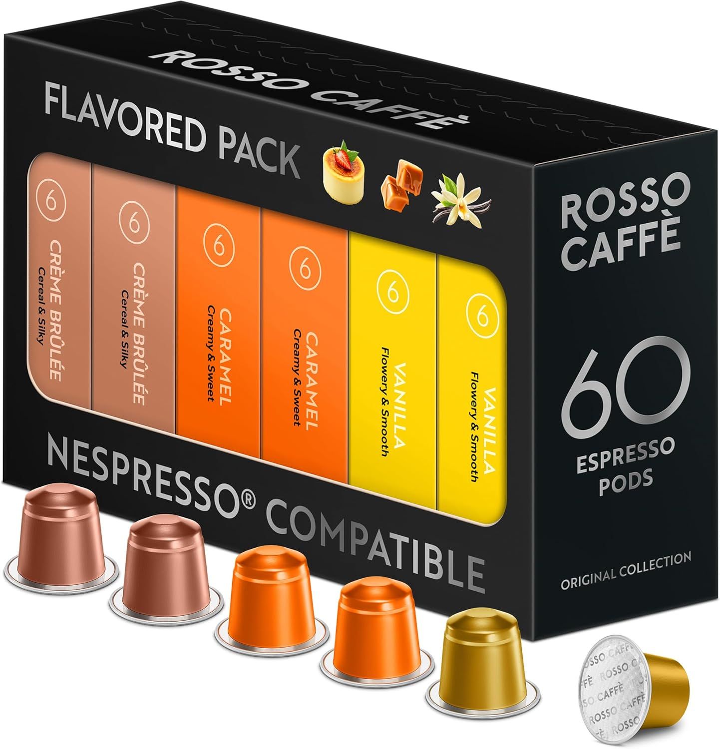ROSSO CAFFÈ 60 Nespresso Machine Compatible Capsules, Flavour Pack (Vanilla, Caramel &amp; Creme Brulee…