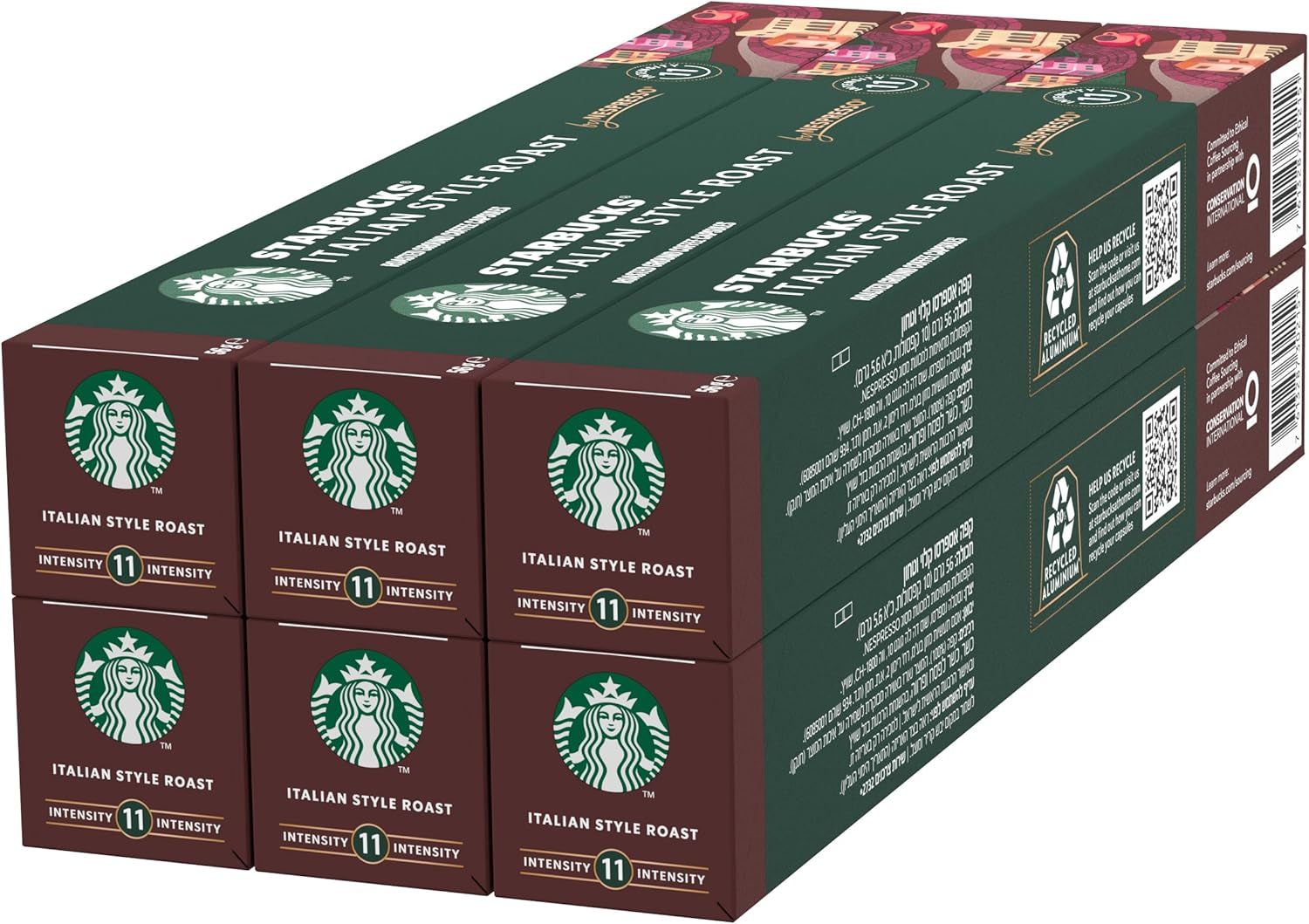 STARBUCKS Italian Style Roast by Nespresso, Dark Roast, Coffee Capsules 6 x 10 (60 Capsules)