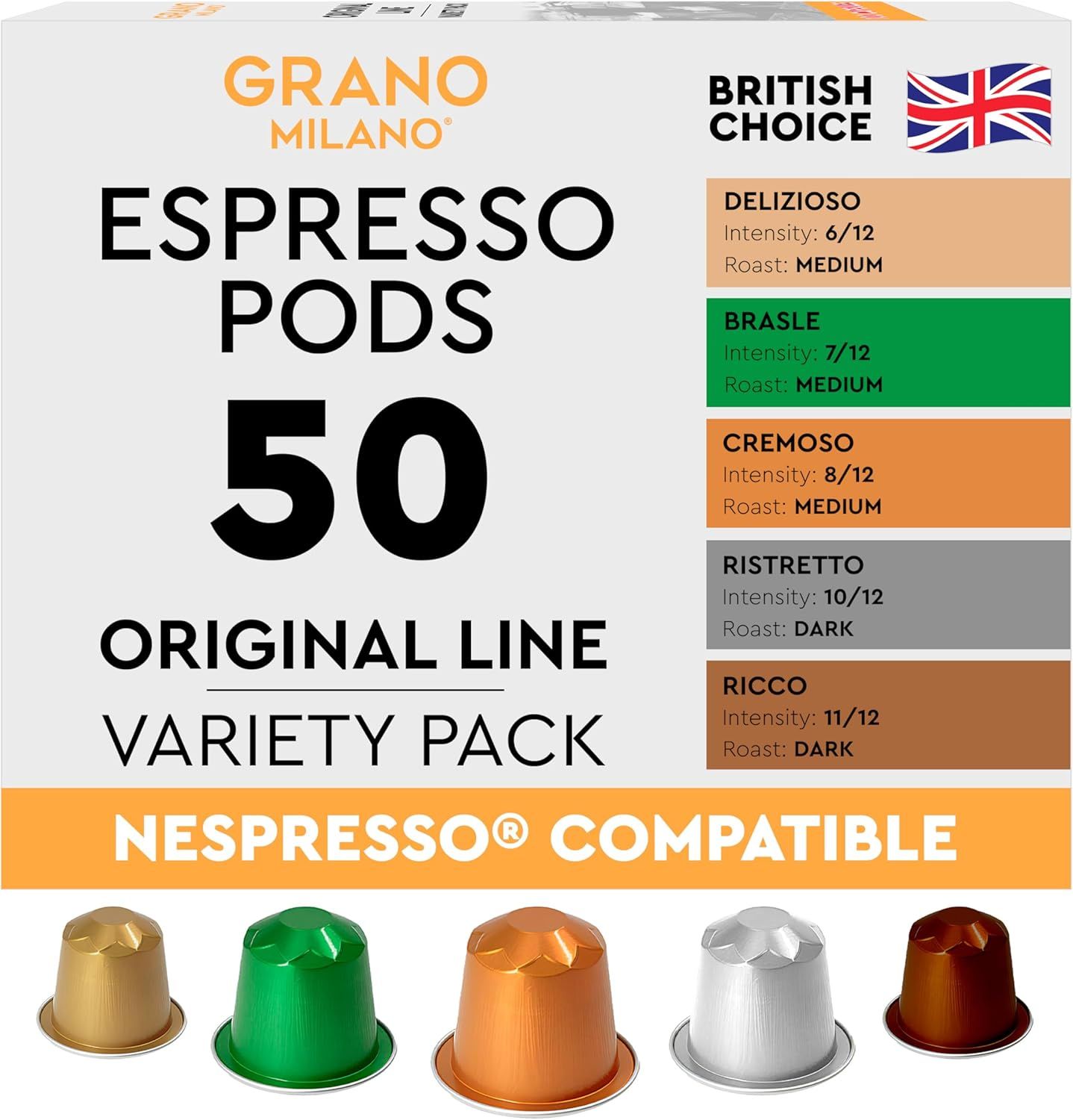 Grano Milano Variety Pack Coffee Capsules - 50 Aluminium Coffee Pods Compatible with Nespresso Orig…