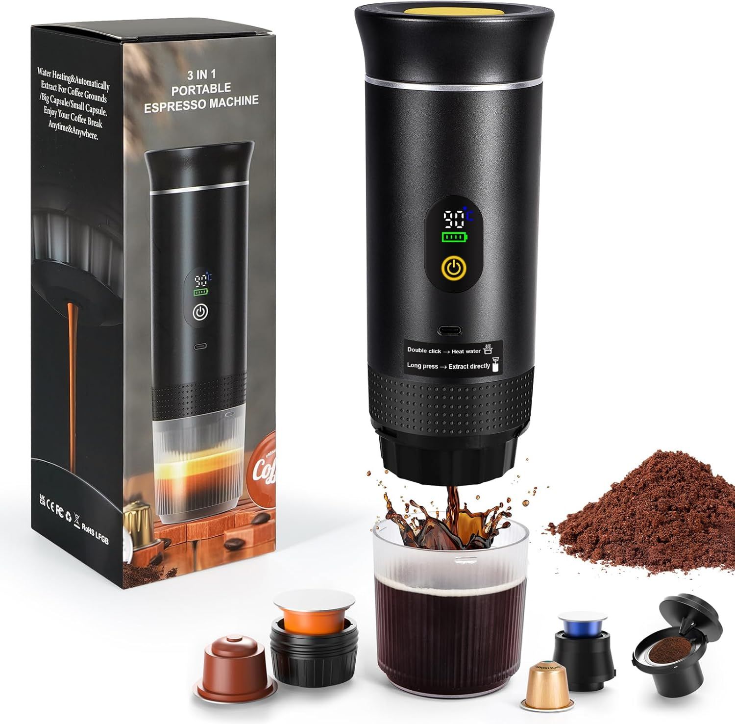 3-in-1 Portable Electric Espresso Machine, with LED Display, Self-Heating, USB-C, Electric Travel C…