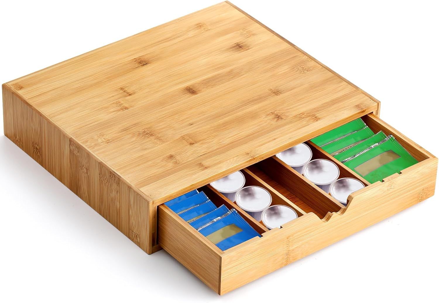 Peohud Bamboo Coffee Capsule Pod Holder with Sliding Drawer, Wooden Tea Bag Storage Organizer Drawe…