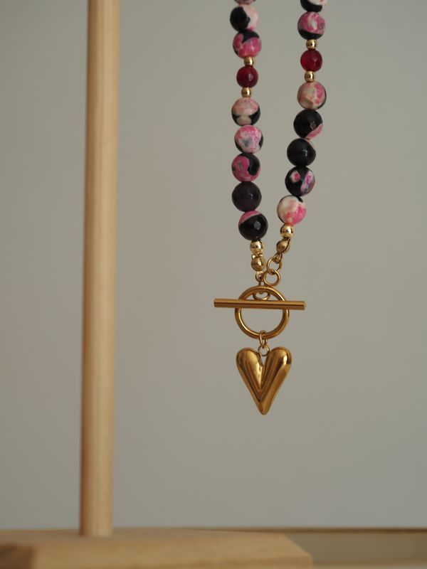 Naszyjnik Black Heart z czarno - różowym agatem