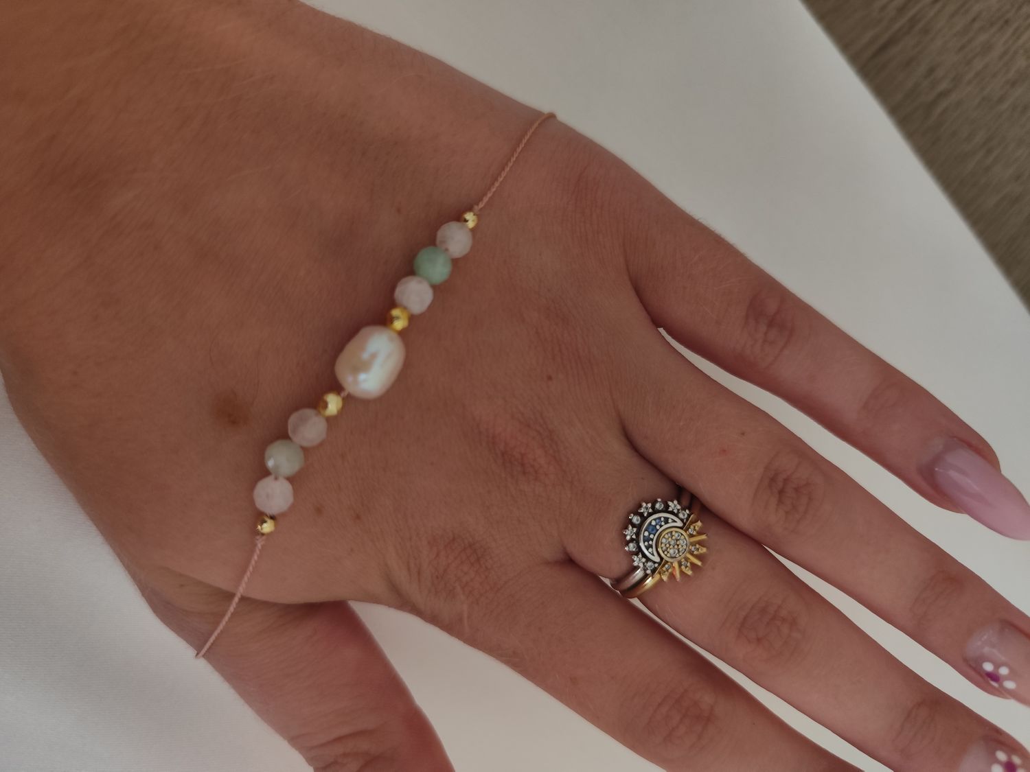 Bransoletka z perłą, amazonitem oraz kamieniem księżycowym