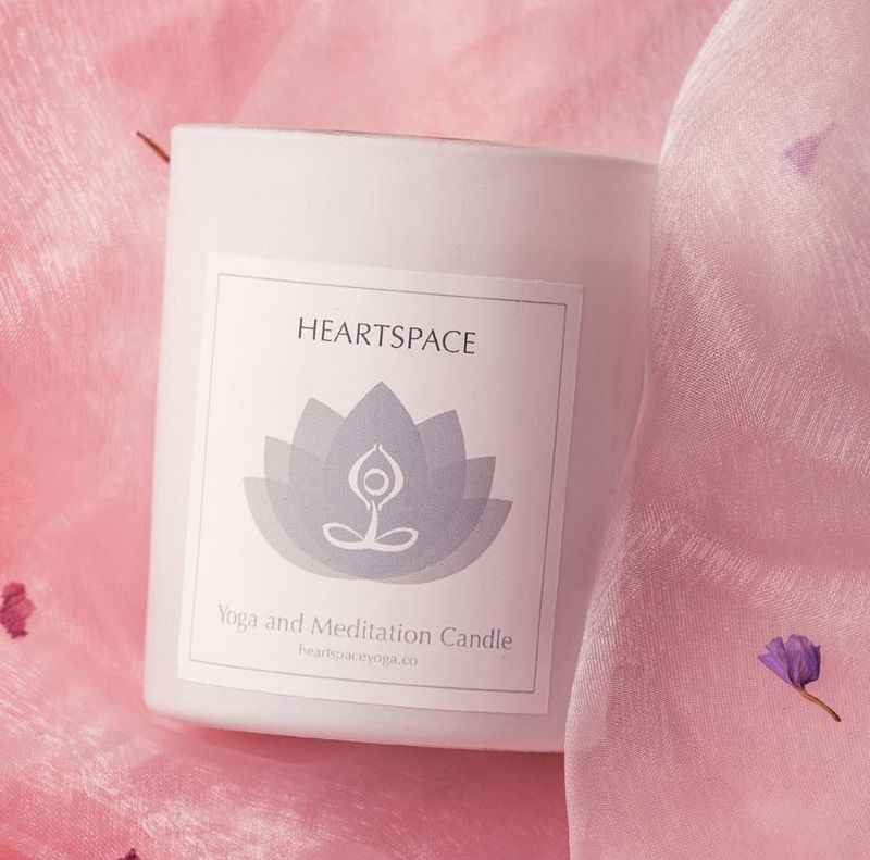 Product shot of HeartSpace Yoga and Meditation candle in 20cl matt white glass jar