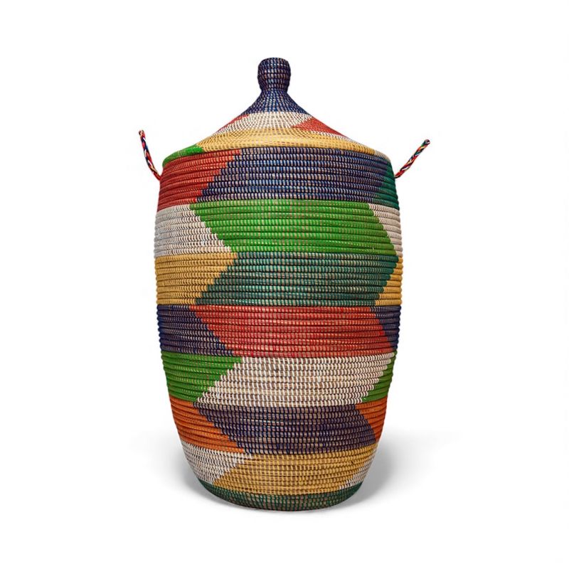 Panier Africain tressé, Panier à linge Blanc, Panier de rangement, Panier avec couvercle, Panier Naturel Boho - Multicouleur