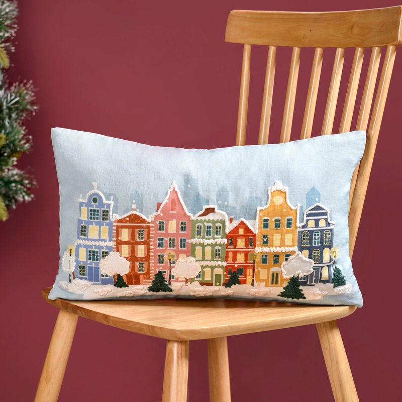 Winter Town Embroidered Cotton Cushion Cover 50x30cm