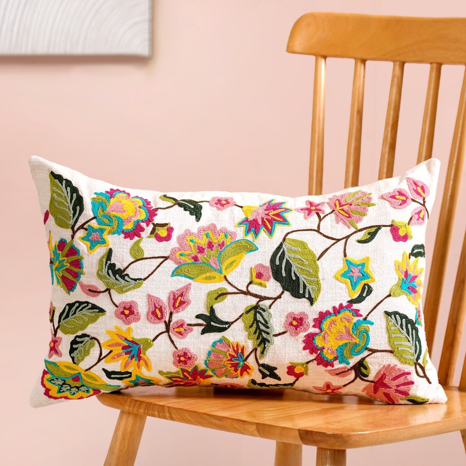Wildflower Waltz Cotton Canvas Embroidered Cushion Cover 50x30cm