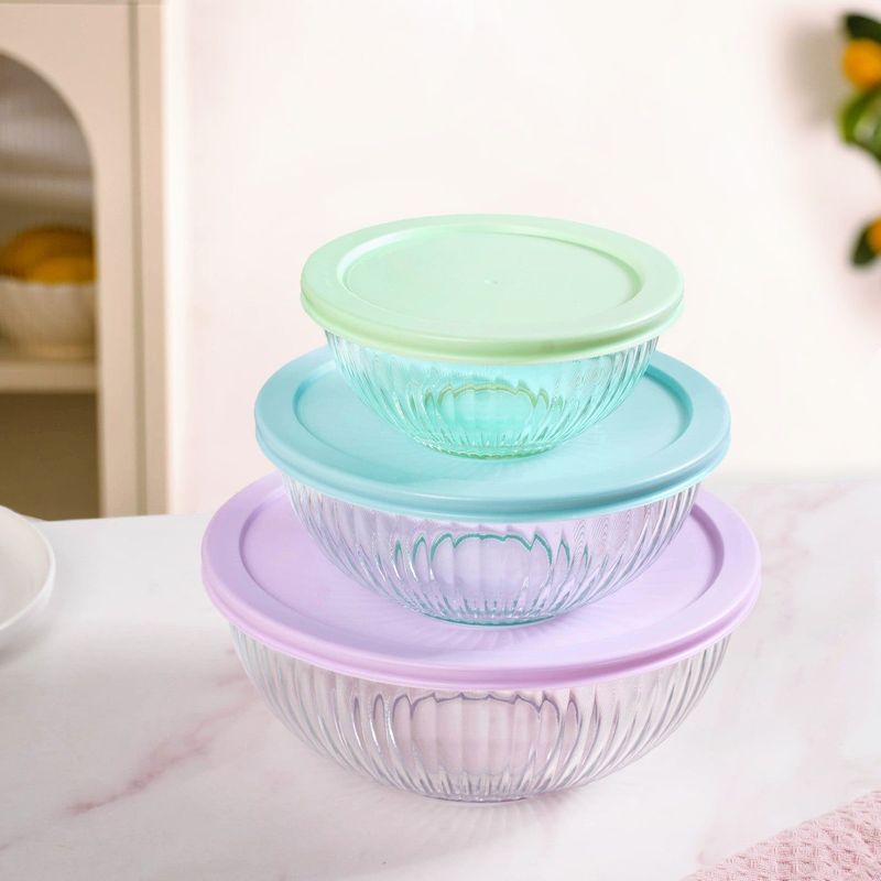 Sealpro Fluted Glass Mixing Bowls With Lids Set Of 3 S 500ml M 1000ml L 2000ml