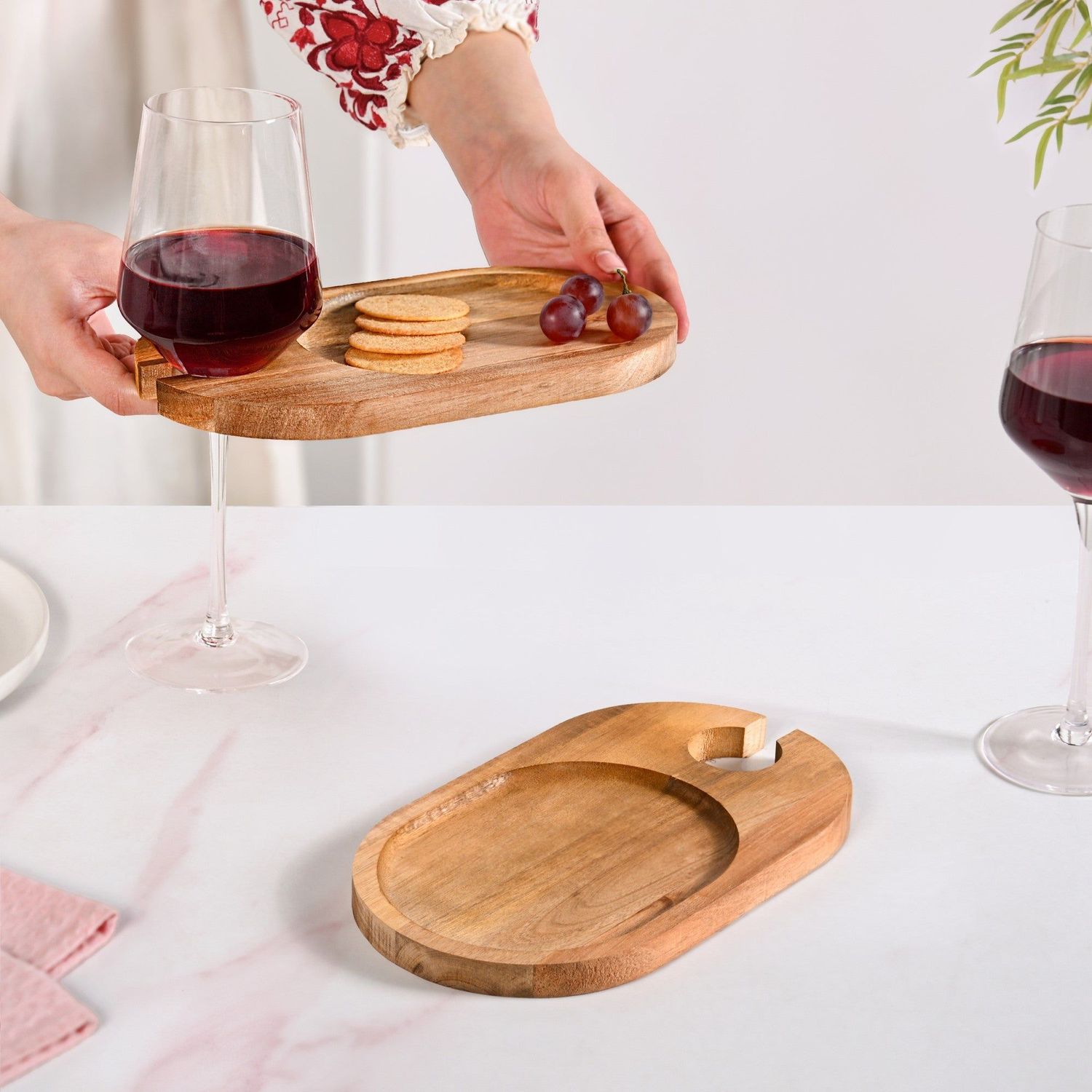 Wooden Appetiser Platter With Wine Glass Holder Set Of 2 9inch