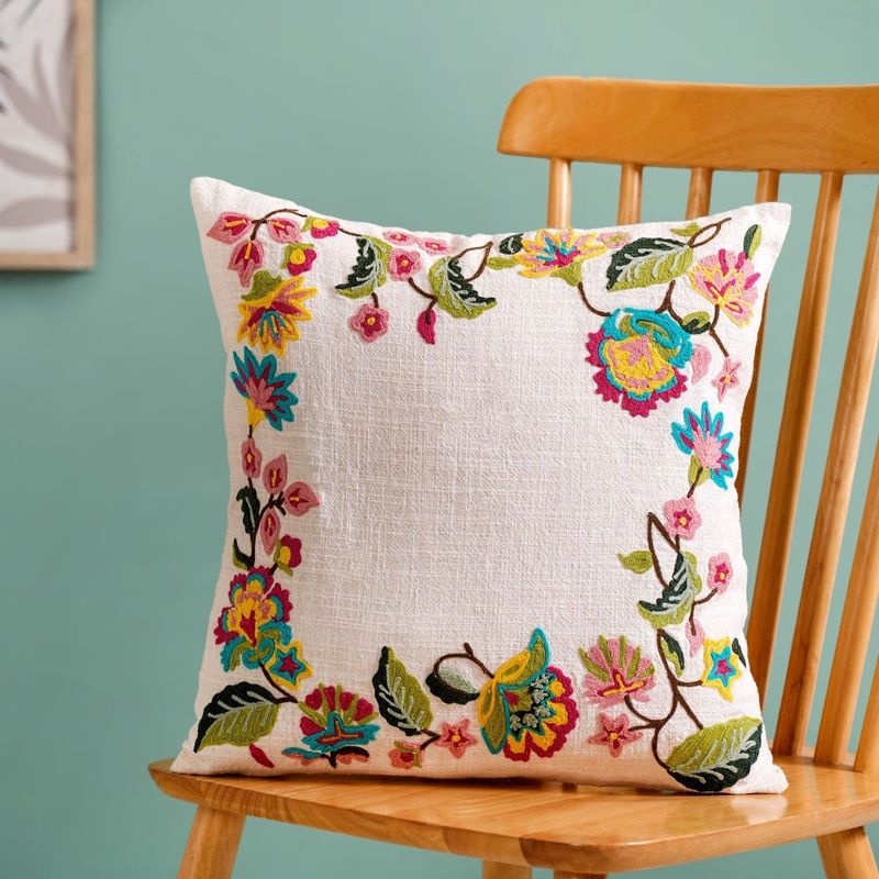 Vibrant Floral Embroidered Cotton Canvas Cushion Cover 40x40cm