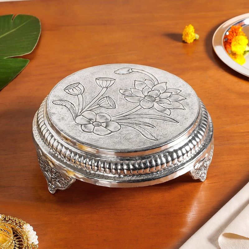 Hibiscus Brass Pooja Chowki With Silver Polish 22x8cm
